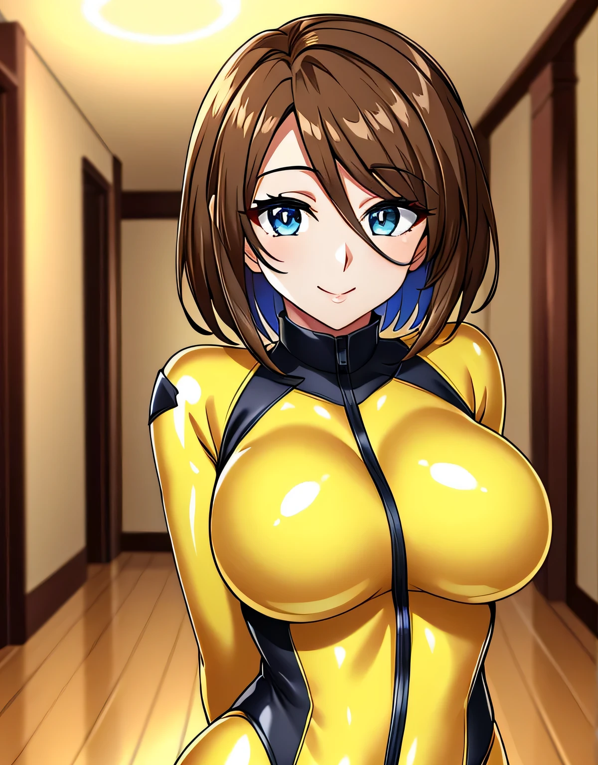 (big breasts:1.5),shiny,hair,((alone)),((masterpiece)),((highest quality)),perfect anatomy,slim waist,perfect image,8K UHD,(beautiful and fine eyes:1.3),highly detailed face,Are standing,(Upper body:1.1),(look ahead:1.1),back arm,super detailed,disorganized,High resolution,brown hair,yellow bodysuit,latex,鈍い前hair,(Sensitive smile:1.2),indoor hall,medium hair,light blue eyes,
