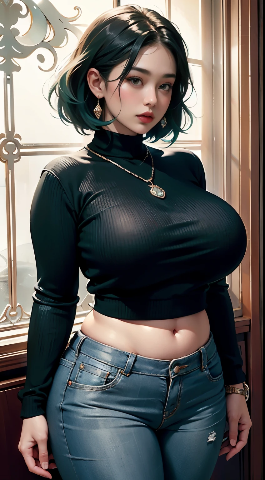 photorealistic, high resolution, soft light,1women, solo, wide hips, (detailed face),tattoo, jewelry, long sleeve sweater, red sweater, blue and green hair Color , (closeup), wide angle,, (busty), ((huge breasts)), large breasts, full body angle, 40 years old woman , thick thighs , thick arms , standing in dark rooms, pants, wearing a three bracelet, wearing two diamond necklace , wearing a watch, wearing airmax shoes , japanese goddess, wavyshort hairstyle, fat belly, thick fat belly, thick wide hips, thick arm, bbwchan, massive arm, 