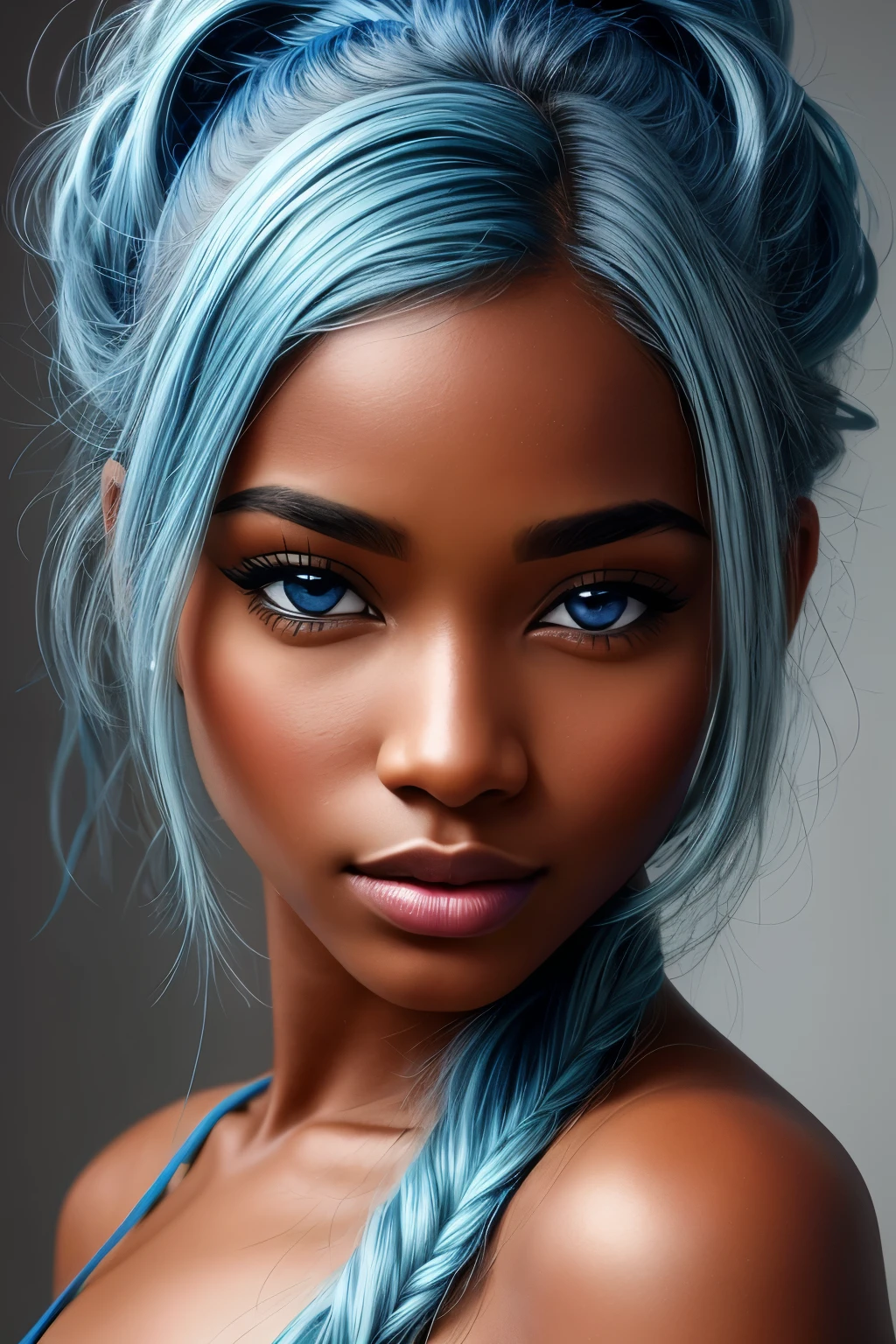This high-resolution masterpiece showcases the incredible talent of a professional artist known as sciamano240. With its stunning 8k resolution, this artwork brings out the true beauty of the subject. The art style, characterized by meticulous attention to detail, perfectly captures the essence of a mature, dark-skinned woman. The artist's skill is evident in the incredibly detailed face, hair, and clothes, creating a lifelike portrayal. The image focuses solely on the head and neck, allowing for an extreme close-up of the subject's captivating features. The woman possesses a strikingly beautiful face, adorned with long, light blue hair that cascades down to her shoulders. Her eyes, a mesmerizing shade of blue, captivate the viewer with their intricate