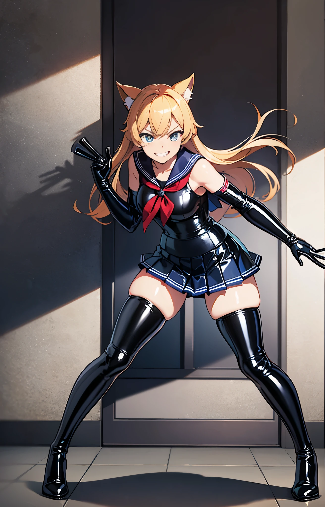 official art, Mistress、Highly detailed CG Unity 8K wallpaper, highest quality, masterpiece, High resolution,shiny latex thigh-high boots, Blonde straight long hair, brown belt,  leather shoulder bag、latex gloves,  (shiny latex sailor suit:1.6)、（Latex School Uniform)、(shiny latex pleated skirt:1.6)、 leather texture, full body photo, melon face, small face, （big breasts）、(Get angry)、(grinning grin)、（latex high heels）、tread on、kicking