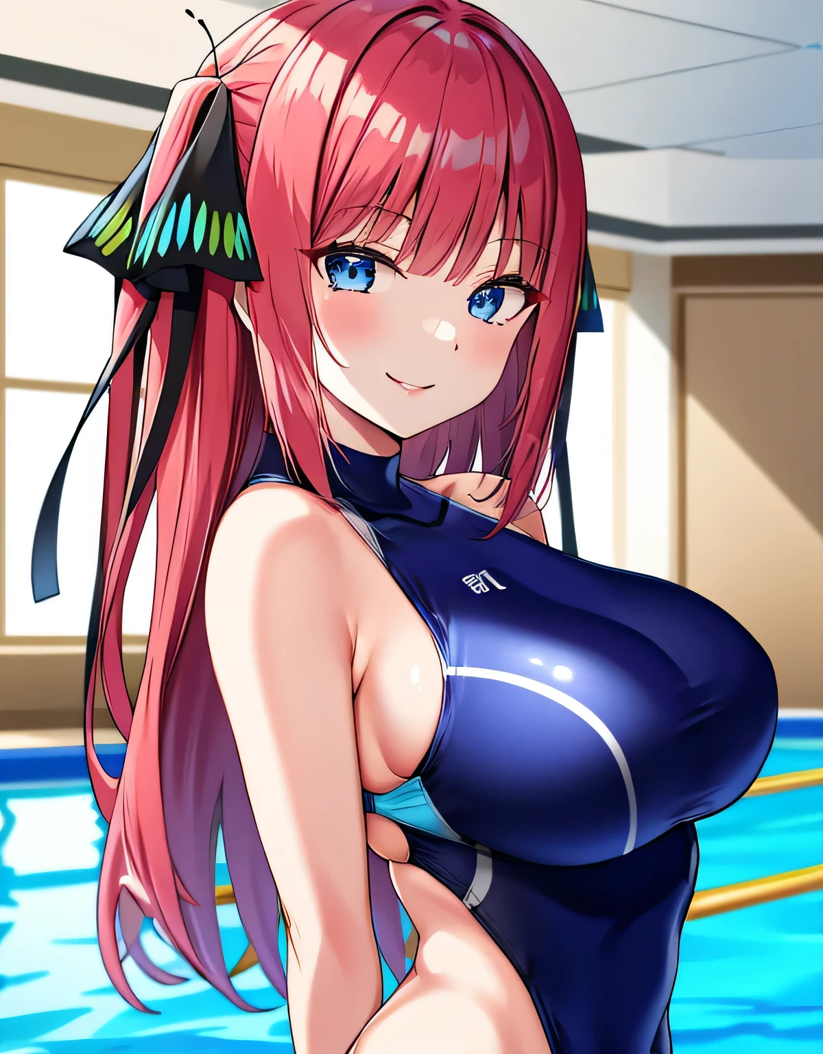 nino nakano, long hair, 前hair, blue eyes, hair ornament, hair ribbon, pink hair, blunt 前hair, two side up, butterfly hair ornament,(big breasts:1.5),shiny,hair,((alone)),((masterpiece)),((highest quality)),perfect anatomy,slim waist,perfect image,8K UHD,(beautiful and fine eyes:1.3),highly detailed face,Are standing,(Upper body:1.1),(look ahead:1.1),back arm,super detailed,disorganized,High resolution,indoor pool,shiny Competition swimsuit,(Sensitive smile:1.2),