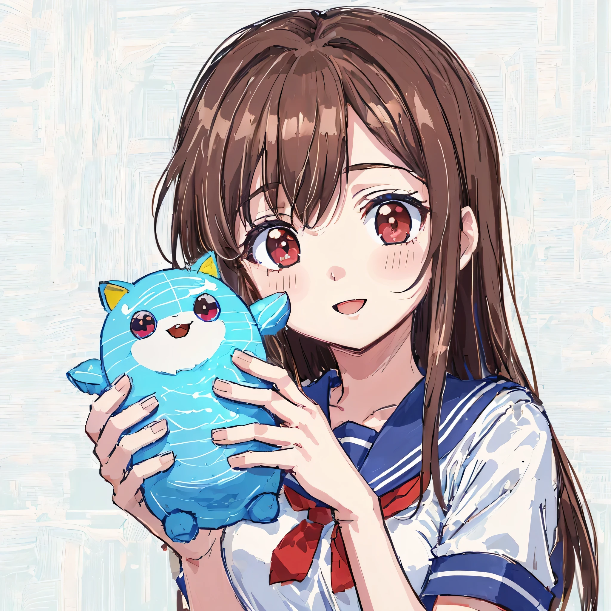 super detailed,masterpiece, highest quality,figure,sailor suit,slanted eyes,straight hair,brown hair,side part,super dense skin,beautiful and fine eyes,short sleeve shirt,red eyes,(medium breasts:1.1), (A raised and well-defined bust:1.1), (lifted chest:1.2), (perky chest :1.1),high School girl,please sit down,high socks,loafers,smile,School,blush,BREAK catch light eyes,stuffed toy