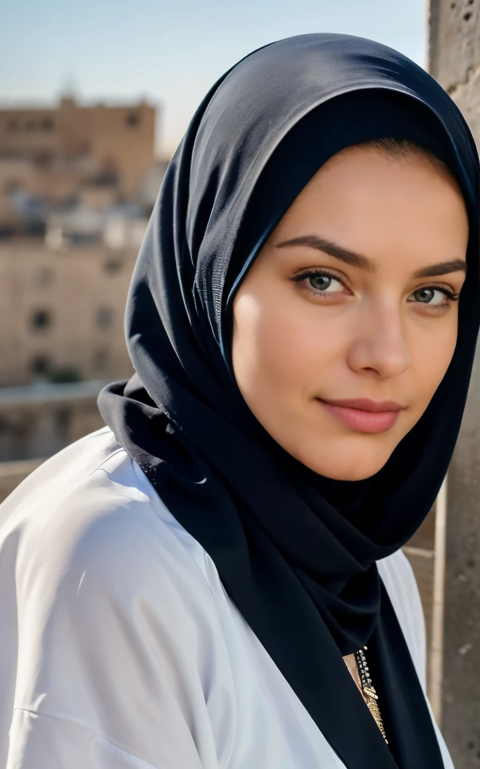 Beautiful blonde wearing one (lange blaue Abaya algerischer Stil bis zu den Waden, Brust und Arme bedeckt, she has a Muslim green headscarf), (im Hintergrund ist die Kasbah von Algiers) warmes Licht, Sehr detailiert, 21 Jahre alt, Unschuldiges Gesicht, Natural wavy hair, blaue Augen, high resolution, Meisterwerk, best quality, Komplizierte Details, Sehr detailliert, scharfer Fokus, detaillierte Haut, realistisch skin Textur, Textur, detaillierte Augen, Fachmann, 4K, charming smile, mit Kanone gedreht, 85mm, shallow depth of field, Kodak Vision Farbe, perfectly fitting body, Extremely detailed, Foto_\(Ultra\), photorealistisch, realistisch, Nachbearbeitung, Maximale Detailgenauigkeit, Rauheit, wahres Leben, Ultra realistisch, Fotorealismus, Fotografie, 8K UHD, Fotografie