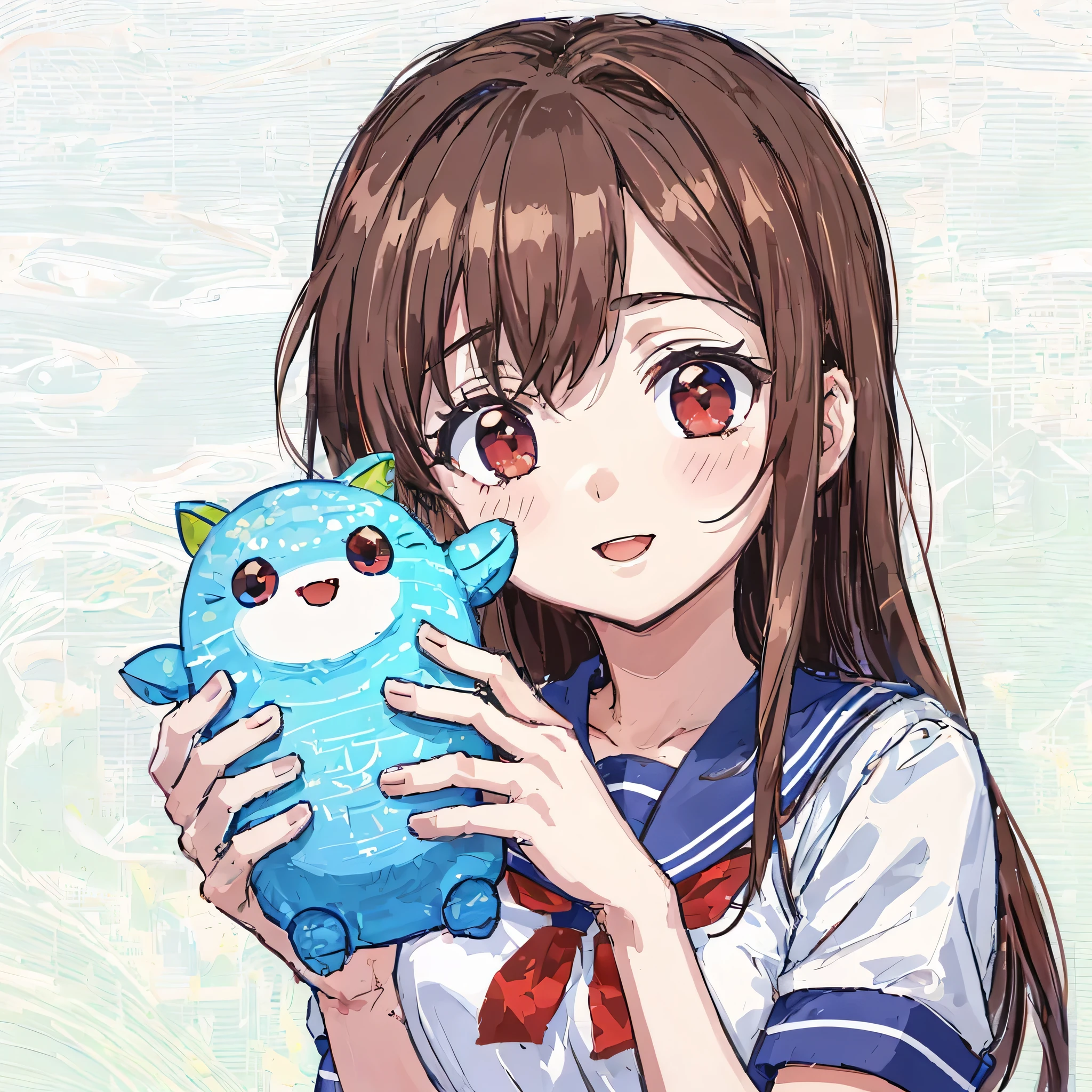 super detailed,masterpiece, highest quality,figure,sailor suit,slanted eyes,straight hair,brown hair,side part,super dense skin,beautiful and fine eyes,short sleeve shirt,red eyes,(medium breasts:1.1), (A raised and well-defined bust:1.1), (lifted chest:1.2), (perky chest :1.1),high School girl,please sit down,high socks,loafers,smile,School,blush,BREAK catch light eyes,stuffed toy
