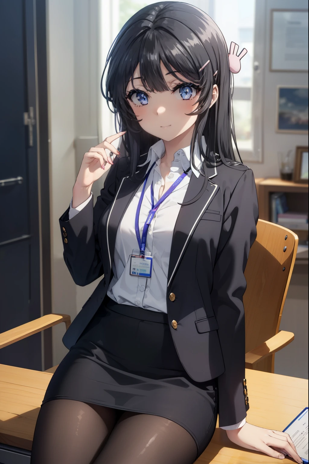 maisakurajima, Mai Sakurajima, long hair, bangs, (black hair:1.5), hair ornaments, (purple eyes:1.1), hair clip, rabbit hair ornaments,blue eyes, medium chest , OL, Fundo, black suit jacket, collared jacket, white dress shirt, collared shirt, neckline, button, strap, ID card on neck, black pencil skirt, black pantyhose, stiletto heels,PC on desk,sitting cross-legged on a chair,smile,
break indoors, office,
break looking at viewer, (cowboy shot:1.5),
break (masterpiece:1.2), highest quality, High resolution, unity 8k wallpaper, (figure:0.8), (beautiful and fine eyes:1.6), highly detailed face, perfect lighting, Very detailed CG, (perfect hands, perfect anatomy),