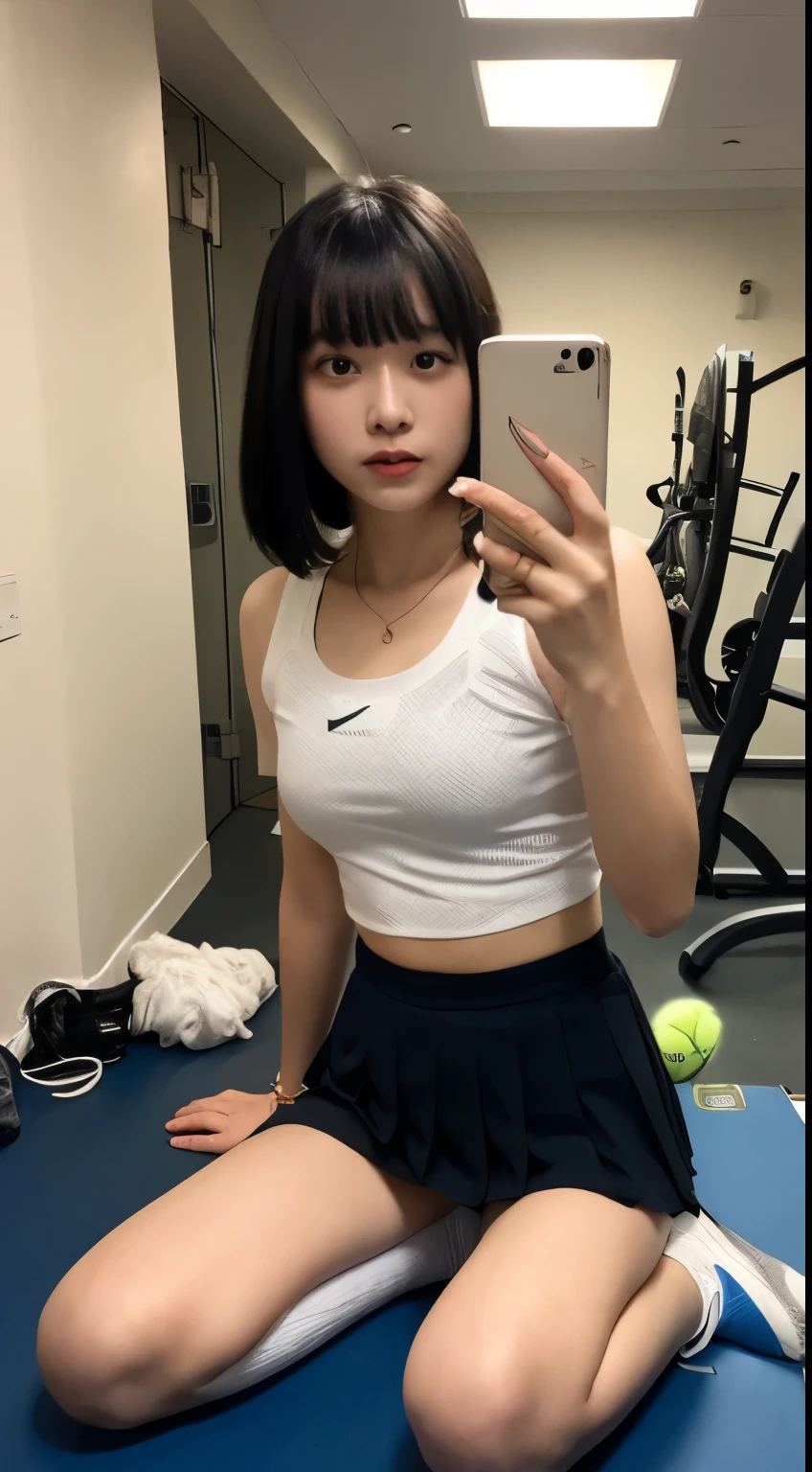 ((realistic lighting, highest quality, 8K, masterpiece, medium shot: 1.3)), clear focus: 1.2, 1 girl, perfect figure: 1.4, plump bust,((black hair)),((With bangs)),(tennis wear: 1.4), in the gym changing room, Lockers etc. in the background,on the yoga mat、doing physical education sitting,Moderately thin calves,exposed thighs,white ankle-length socks,white sneakers,super fine face, fine eyes, double eyelid,(White pleated mini skirt), open your legs,White panties are visible,Taking a selfie with a black smartphone in his right hand,Your face is hidden by your smartphone