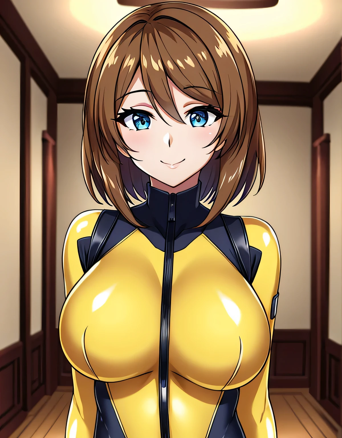 (big breasts:1.5),shiny,hair,((alone)),((masterpiece)),((highest quality)),perfect anatomy,slim waist,perfect image,8K UHD,(beautiful and fine eyes:1.3),highly detailed face,Are standing,(Upper body:1.1),(look ahead:1.1),back arm,super detailed,disorganized,High resolution,brown hair,yellow bodysuit,latex,鈍い前hair,(Sensitive smile:1.2),indoor hall,medium hair,light blue eyes,