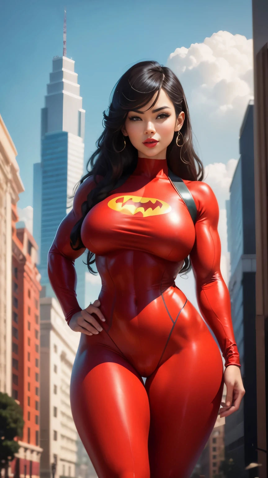 Estilo Pixar, woman dressed as a superhero, Focus on people and building in the background, muscle girl, Full body view, large hips, big Butt, happy face, red Full body suit, red liptint,