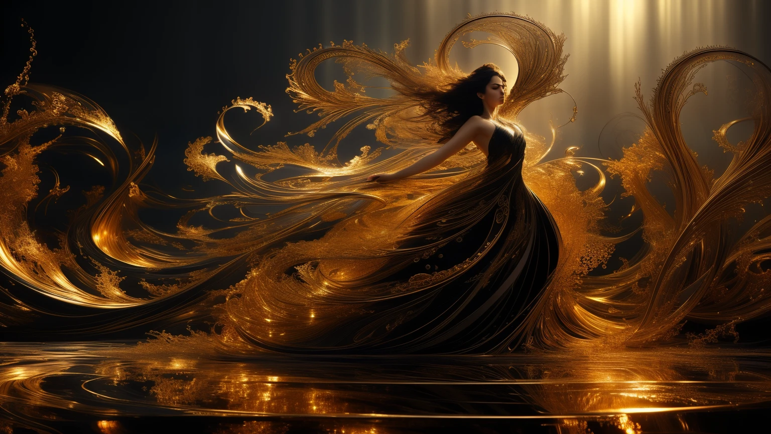 ((best quality)), ((masterpiece)), (detailed), An amazing dance of dark, fluid shapes, highlighted by golden outlines, evoking a sense of elegance. Artistic wallpaper