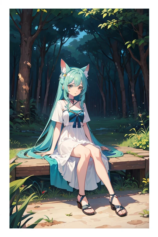 garota de desenho animado com pele morena, cabelo azul e orelhas de raposa em um parque, um desenho de anime inspirado em Leiko Ikemura, vencedor do concurso pixiv, arte peluda, anime estilizado, anime estilizado, estilo de arte anime moe, Chibi, fursona usando roupas estilosas,anime, Jogo inspirado do Gacha Club, cute, vestido azul