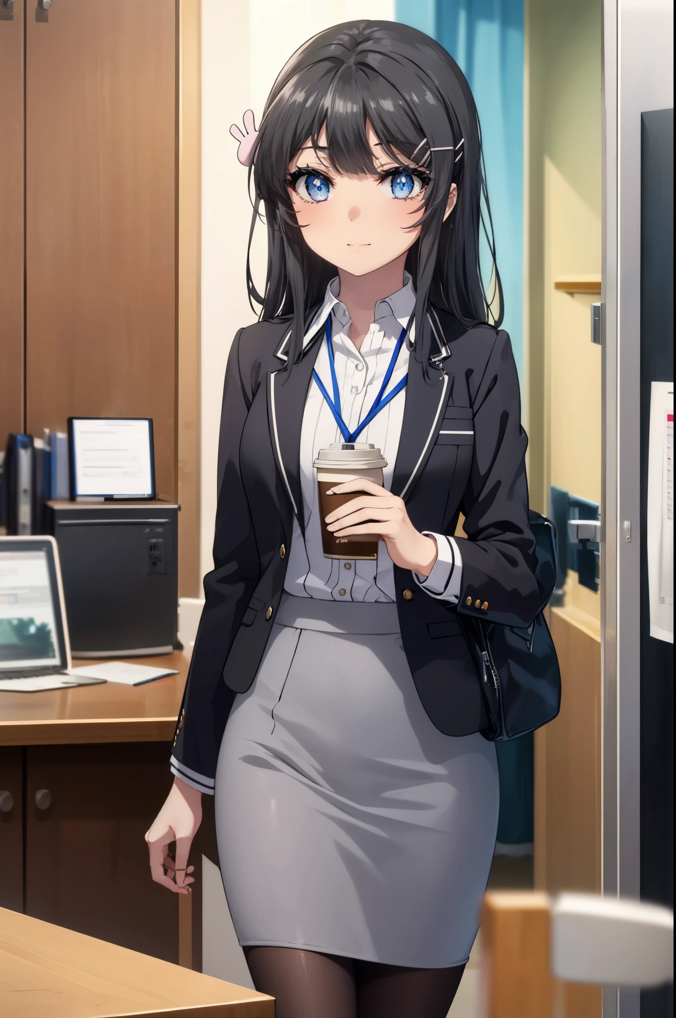 maisakurajima, Mai Sakurajima, long hair, bangs, (black hair:1.5), hair ornaments, (purple eyes:1.1), hair clip, rabbit hair ornaments,blue eyes, medium chest , OL, Fundo, black suit jacket, collared jacket, white dress shirt, collared shirt, neckline, button, strap, ID card on neck, black pencil skirt, black pantyhose, stiletto heels,There is a coffee mug and a computer on the desk.,Steam from the mug,sitting cross-legged on a chair,smile,
break indoors, office,
break looking at viewer, (cowboy shot:1.5),
break (masterpiece:1.2), highest quality, High resolution, unity 8k wallpaper, (figure:0.8), (beautiful and fine eyes:1.6), highly detailed face, perfect lighting, Very detailed CG, (perfect hands, perfect anatomy),