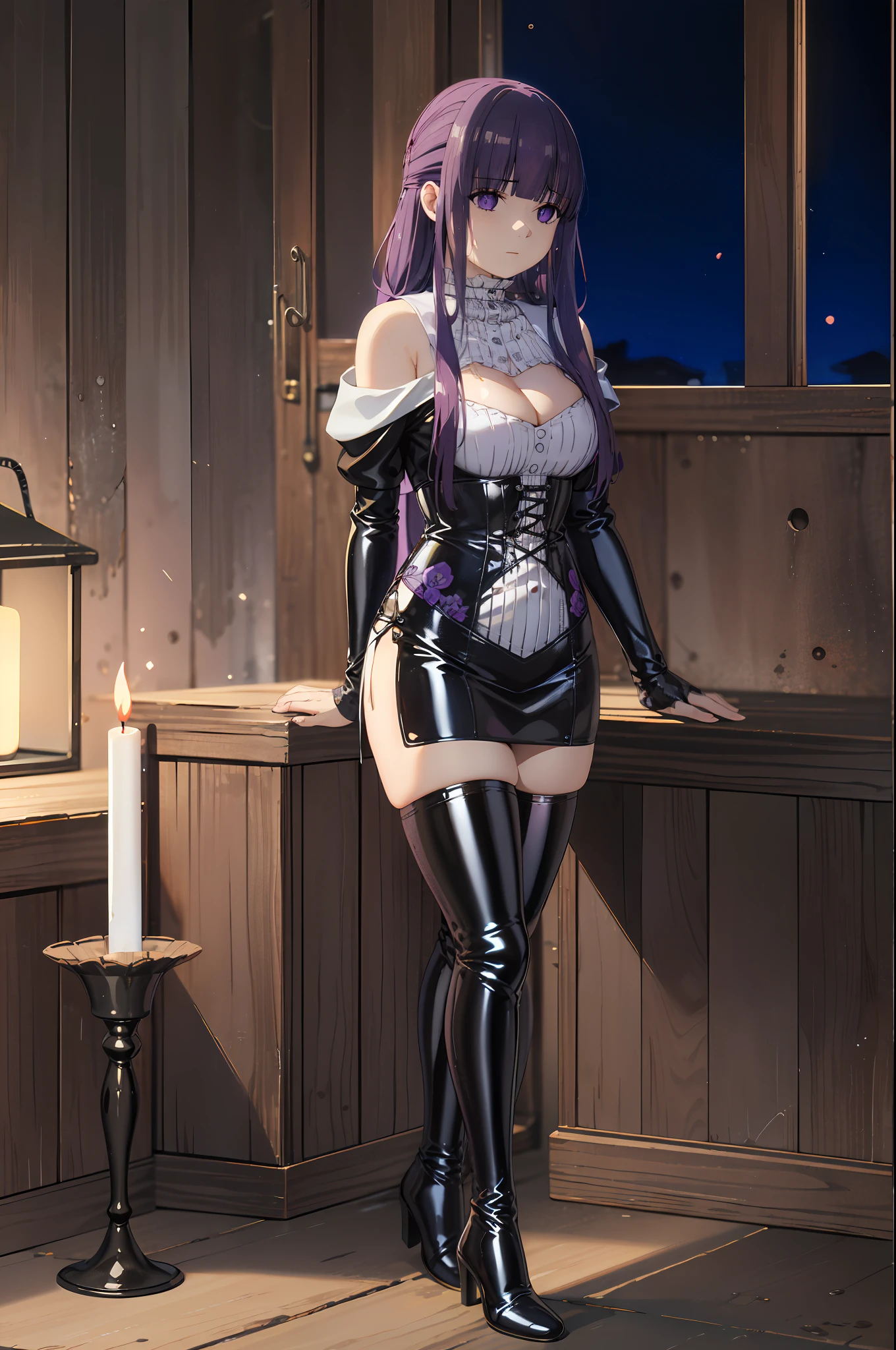 (highest quality, masterpiece),sexy, erotic, 1 girl, 18-year-old, despise, Pride, purple long hair, ((purple eyes)), looking at the viewer, medieval tabernacle, (close), ((dark room)), Sweat, the candle is lit, (((Expressionless))), ((cleavage)), Mr.々Inside a torture chamber with various tools、
BDSM、black latex corset dress、The corset is decorated with beautiful embroidery.、corset dress with shoulder straps、black latex tight miniskirt、first round、Black Thigh Boots、high heel boots、