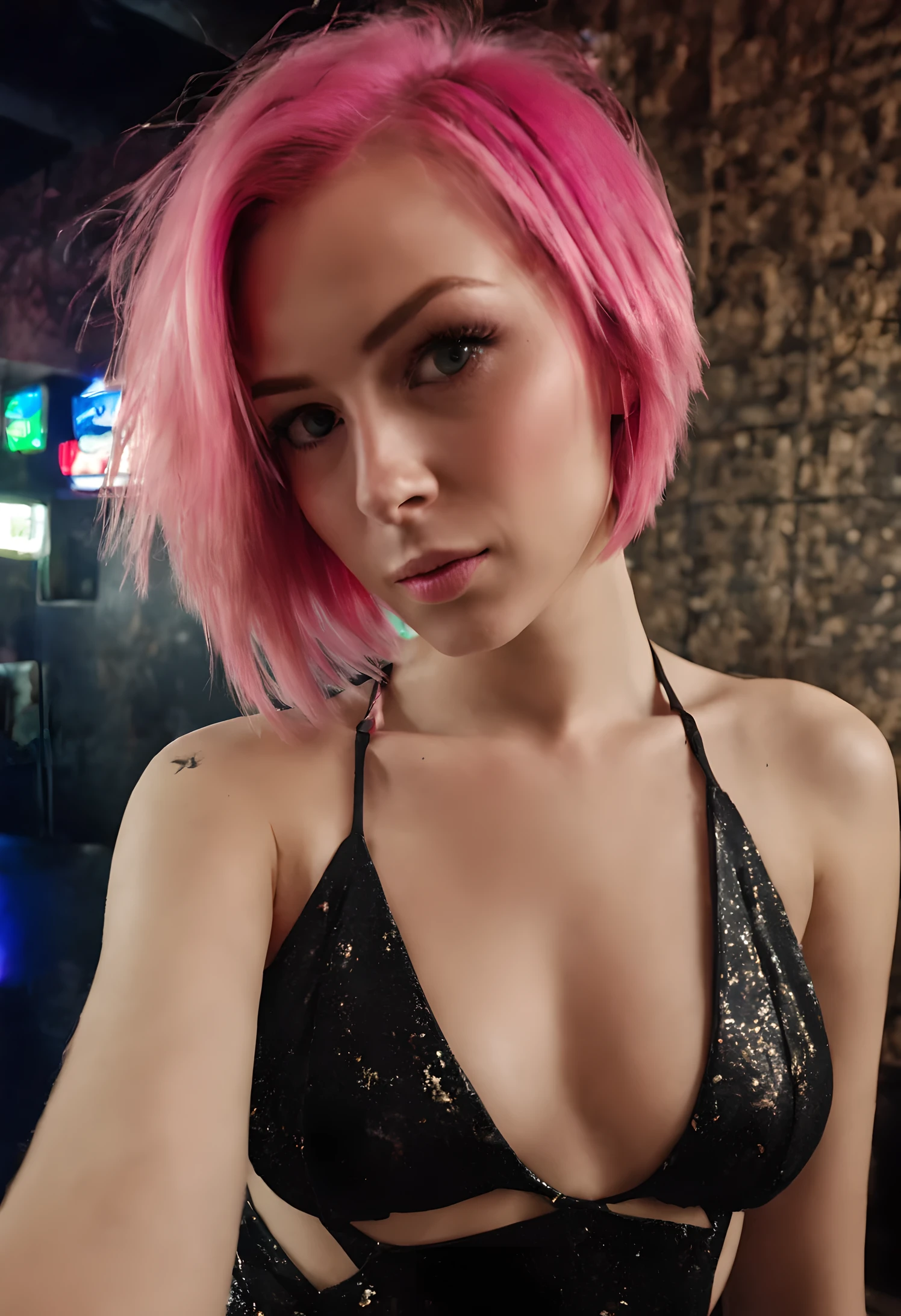 sharp raw photo {Young woman, pink hair, Russian, in a dress}, completely covered, Hyperrealism, 8к HD, nightclub, neon lights,  flash for iphone, realistic skin texture, broken skin, Shot on iPhone 15 , masterpiece  