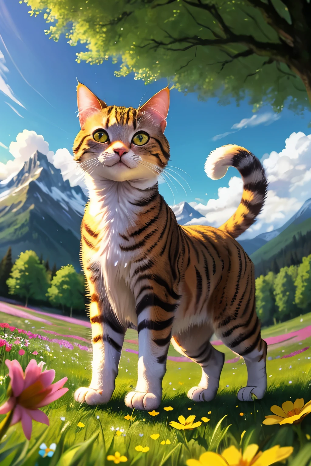 The cute cat with beautiful clothes ,standing in a tall field of flowers, tree canopy overhead (alpine mountains:1.1), clear sky, (masterpiece:1.3) (best quality) (detailed) (8k) (HDR) (cinematic lighting) (sharp focus) (intricate) (intense action scene, dutch angle, foreshortening, motion blur, blurred foreground:1.3