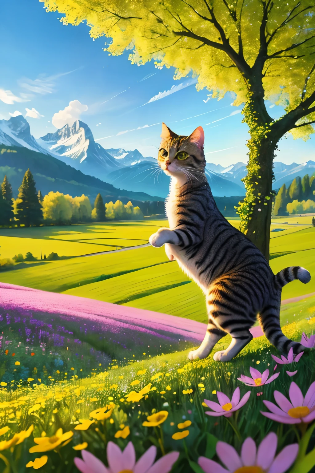 The cute cat with beautiful clothes ,standing in a tall field of flowers, tree canopy overhead (alpine mountains:1.1), clear sky, (masterpiece:1.3) (best quality) (detailed) (8k) (HDR) (cinematic lighting) (sharp focus) (intricate) (intense action scene, dutch angle, foreshortening, motion blur, blurred foreground:1.3