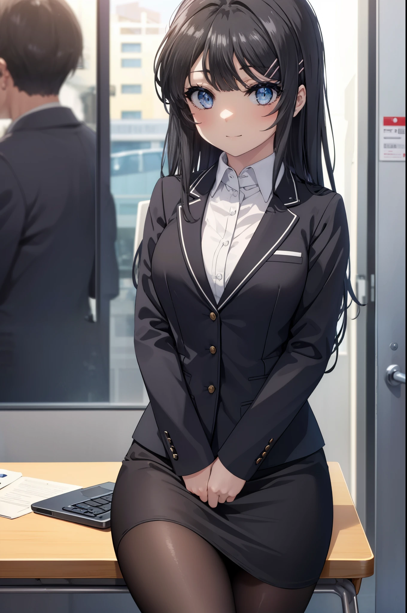 maisakurajima, Mai Sakurajima, long hair, bangs, (black hair:1.5), hair ornaments, (purple eyes:1.1), hair clip, rabbit hair ornaments,blue eyes, medium chest , OL, Fundo, black suit jacket, collared jacket, white dress shirt, collared shirt, neckline, button, strap, ID card on neck, black pencil skirt, black pantyhose, stiletto heels,There is a PC on the desk,sitting cross-legged on a chair,smile,
break indoors, office,
break looking at viewer, (cowboy shot:1.5),
break (masterpiece:1.2), highest quality, High resolution, unity 8k wallpaper, (figure:0.8), (beautiful and fine eyes:1.6), highly detailed face, perfect lighting, Very detailed CG, (perfect hands, perfect anatomy),