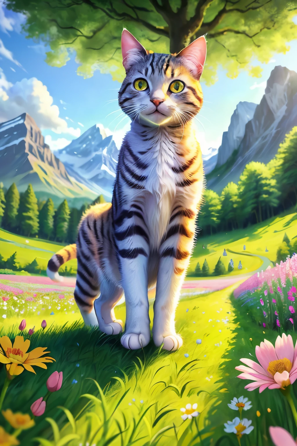 The cute cat with beautiful clothes ,standing in a tall field of flowers, tree canopy overhead (alpine mountains:1.1), clear sky, (masterpiece:1.3) (best quality) (detailed) (8k) (HDR) (cinematic lighting) (sharp focus) (intricate) (intense action scene, dutch angle, foreshortening, motion blur, blurred foreground:1.3