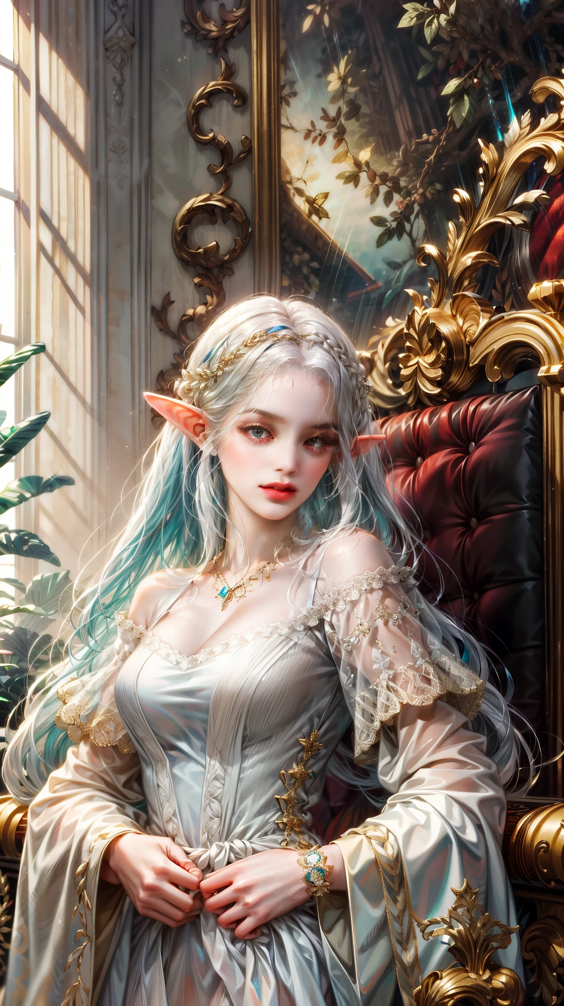 elf ears ,black hair, (absurdres, highres, ultra detailed), 1girl, solo, mature, (very long hair, white hair), Baroque, long dress, long sleeve, elegant, colorful, highest detailed, upper body