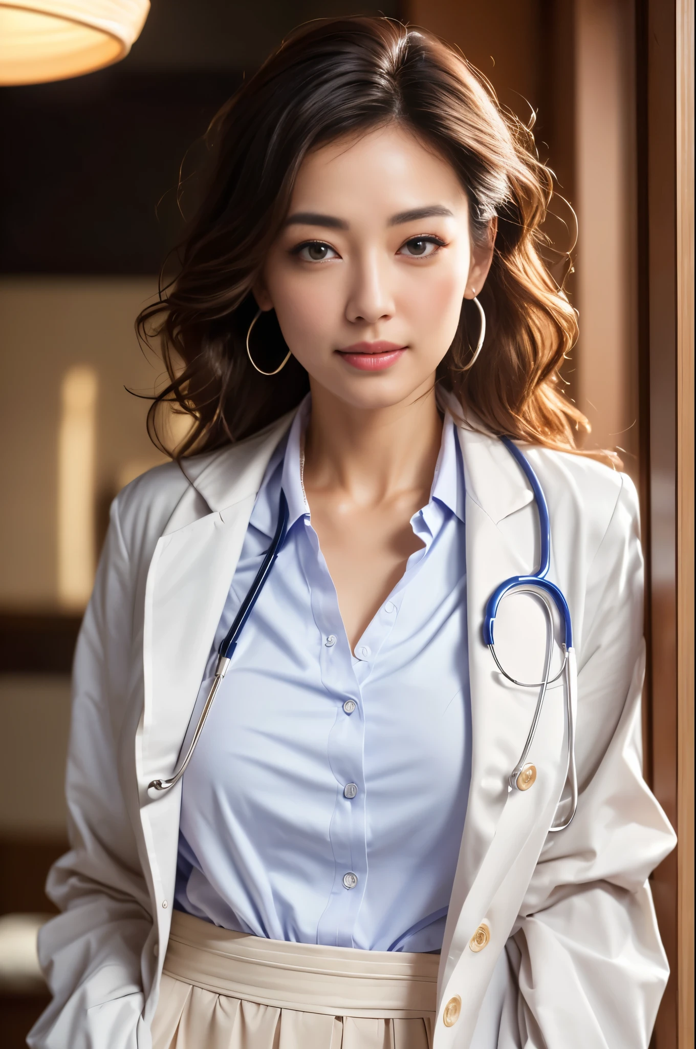 Photorealistic beautiful doctor、masterpiece、doctors white coat, collared shirt、(highest quality、8K、32K、masterpiece、sfw:1.3)、(Photoreal:1.3)、Raw photo, detailed face,,beautiful hair,skin that looks real、 ((Doctor Style)), , black tight skirt、 natural makeup,, big and full breasts:1.5、inside hospital, detailed background, perfect lighting, Depth of bounds written, Stethoscope ,