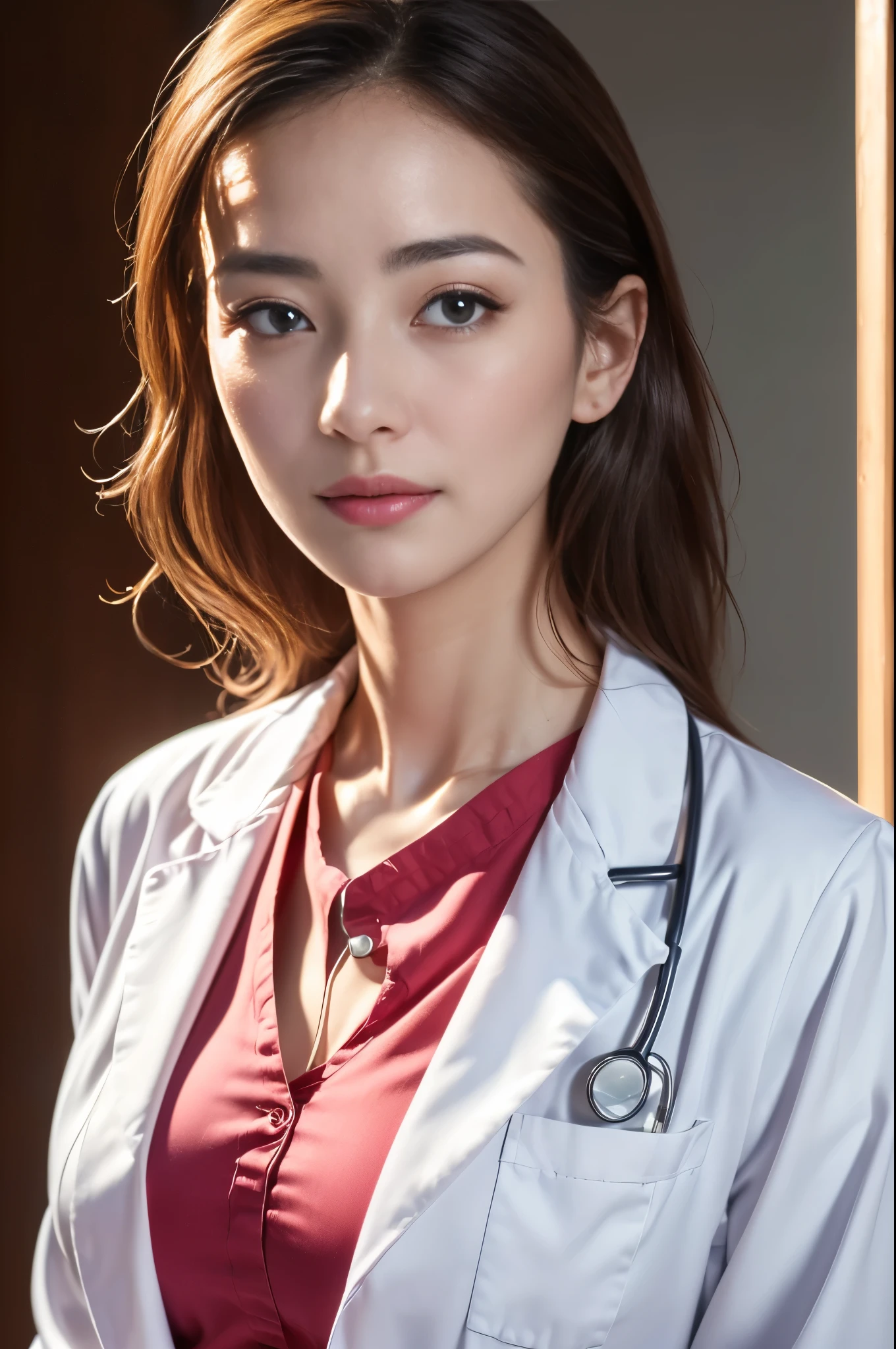 (sfw:1.3)、Photorealistic beautiful doctor、1 female、masterpiece、doctors white coat, collared shirt、(highest quality、8K、32K、masterpiece、sfw:1.3)、(Photoreal:1.3)、Raw photo, detailed face,,beautiful hair,skin that looks real、 ((Doctor Style)), big breasts, black tight skirt、 natural makeup、inside hospital, detailed background, perfect lighting, Depth of bounds written, Stethoscope ,