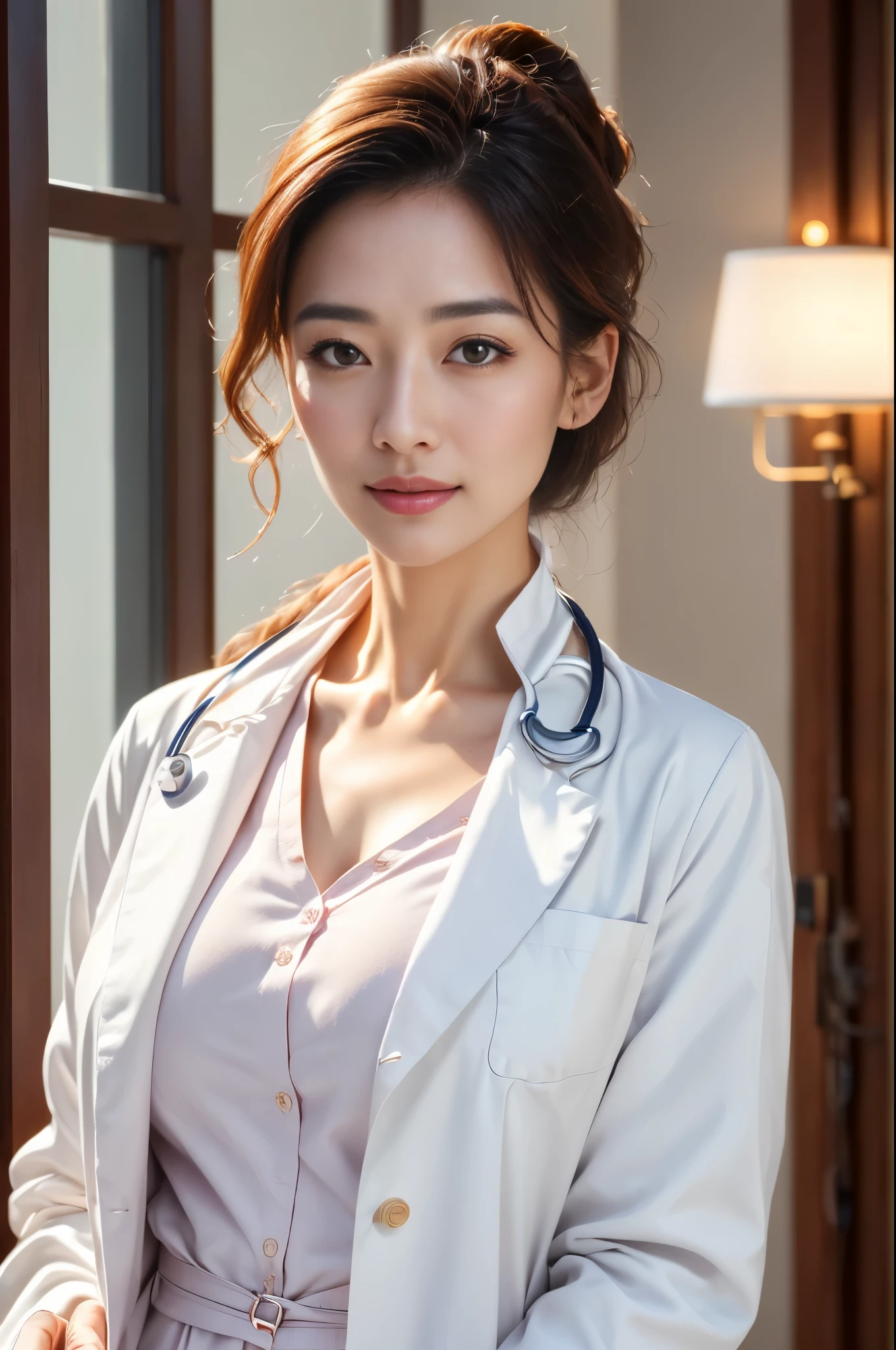 (sfw:1.3)、Photorealistic beautiful doctor、1 female、masterpiece、doctors white coat, collared shirt、(highest quality、8K、32K、masterpiece、sfw:1.3)、(Photoreal:1.3)、Raw photo, detailed face,,beautiful hair,skin that looks real、 ((Doctor Style)), big breasts:1.5, black tight skirt、 natural makeup、inside hospital, detailed background, perfect lighting, Depth of bounds written, Stethoscope ,