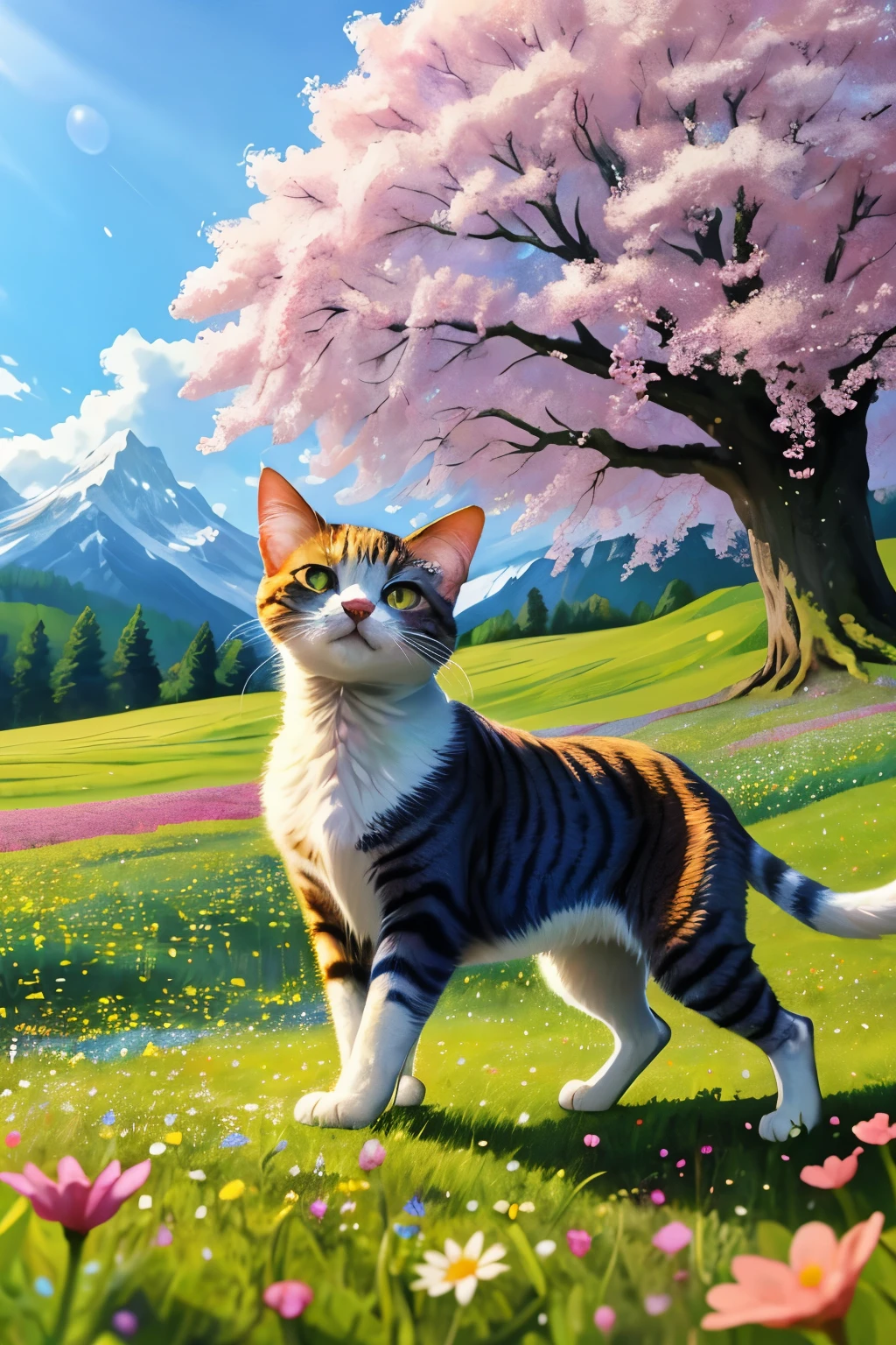 The cute cat with beautiful clothes ,standing in a tall field of flowers, tree canopy overhead (alpine mountains:1.1), clear sky, (masterpiece:1.3) (best quality) (detailed) (8k) (HDR) (cinematic lighting) (sharp focus) (intricate) (intense action scene, dutch angle, foreshortening, motion blur, blurred foreground:1.3
