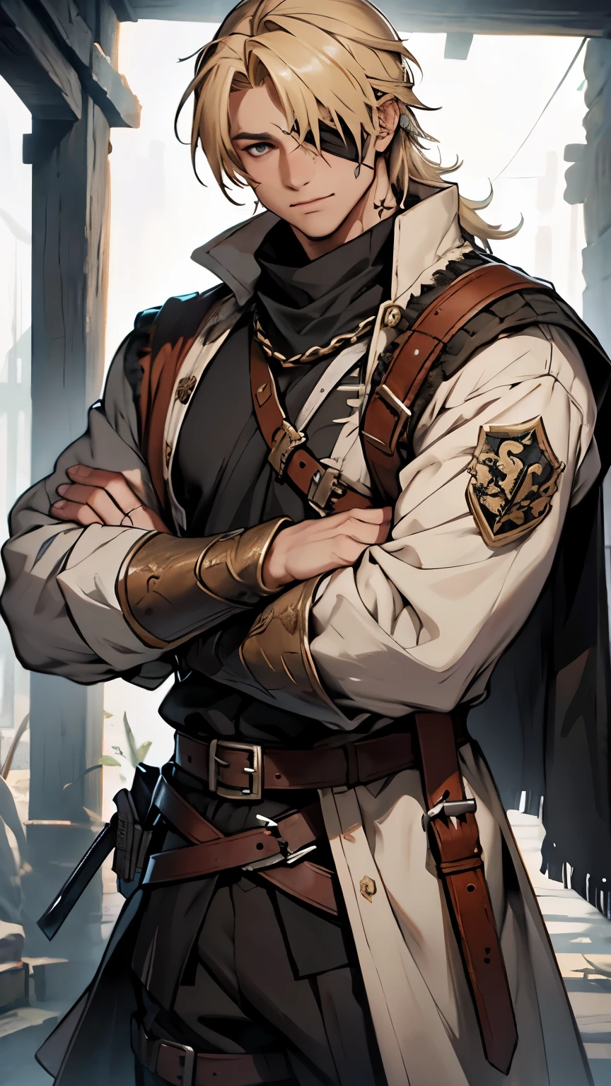Medieval fantasy world, dull blonde hair, Left eye patch, Scars that cannot be covered by an eye patch, A scar running down the left cheek, veteran mercenary, test, Longsword, 허리에 찬 Longsword 제대로 뽑아, Man in his late 20s, whole body, Standing on the plain
