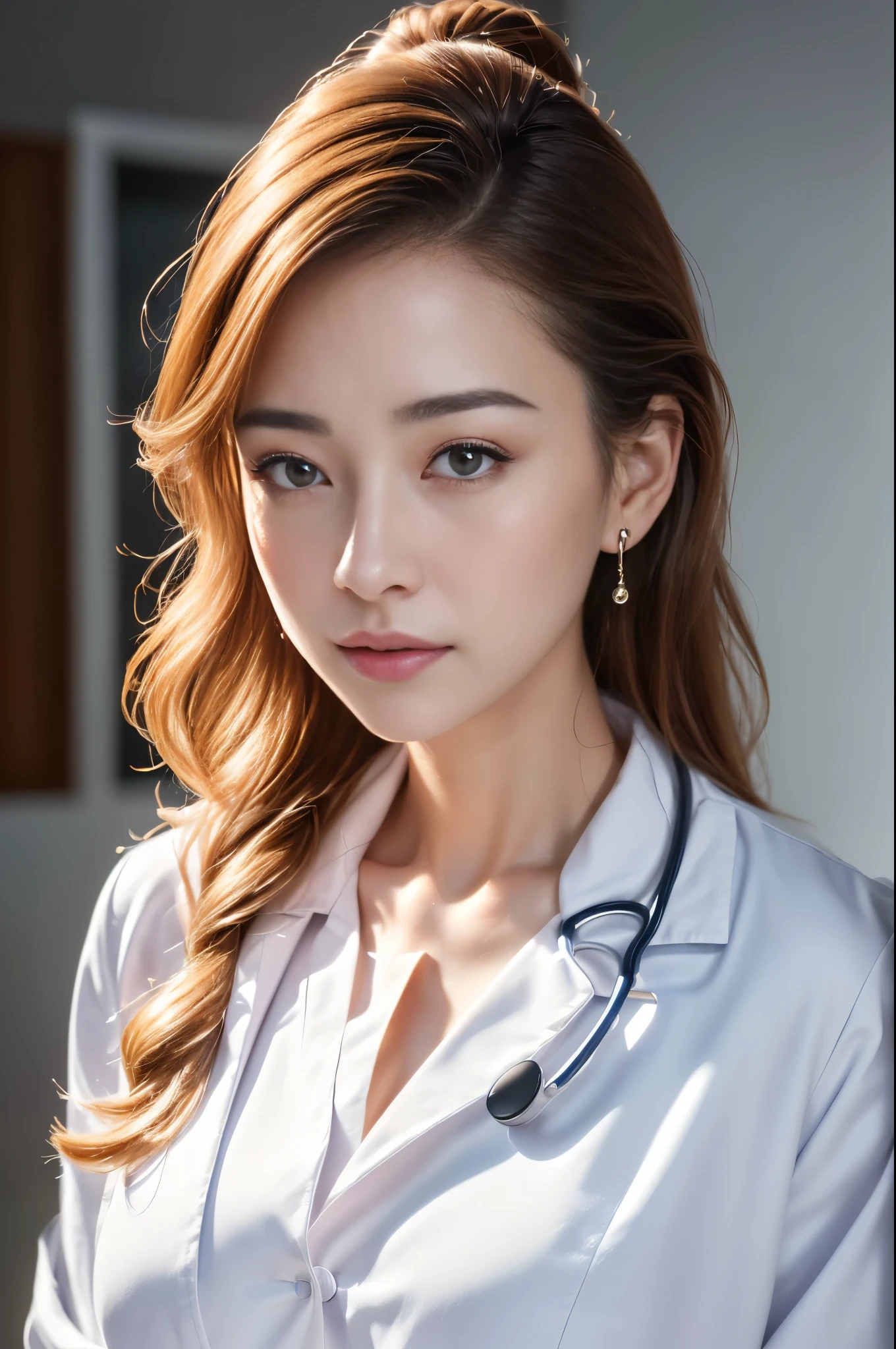 (sfw:1.3)、Photorealistic beautiful doctor、1 female、masterpiece、doctors white coat, collared shirt、(highest quality、8K、32K、masterpiece、sfw:1.3)、(Photoreal:1.3)、Raw photo, detailed face,,beautiful hair,skin that looks real、 ((Doctor Style)), big breasts、big breasts:1.5, black tight skirt、 natural makeup、inside hospital, detailed background, perfect lighting, Depth of bounds written, Stethoscope ,