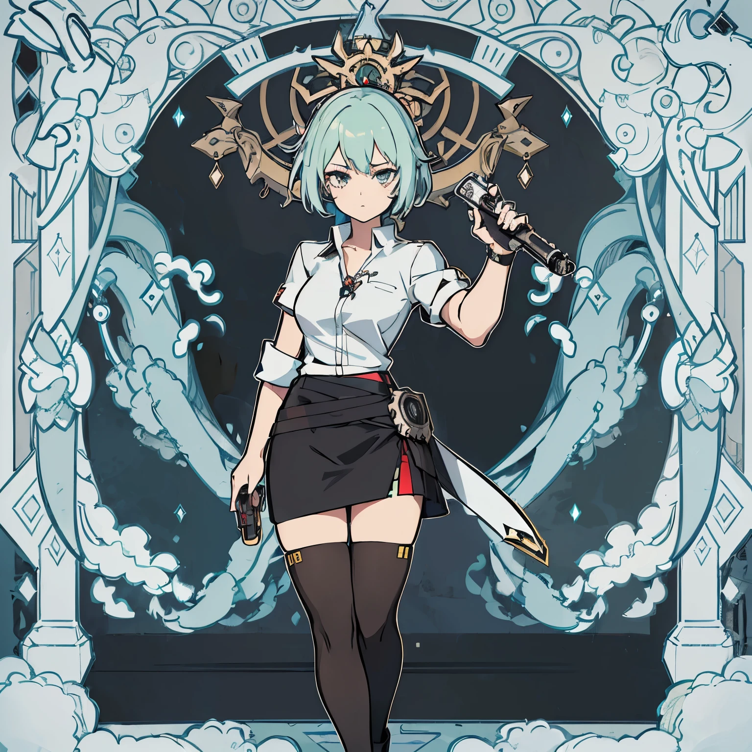 "(best quality, highres, realistic:1.37), digital illustration, abstract background, a sinful corporate female assassin, hair dyed in shades of pale blue with streaks of olive green, punk art lettering on her face, wearing a white shirt with rolled-up sleeves, dragon scale and rose tattoos on her arms, arm blades resembling mantis claws, inspired by Cyberpunk 2077. She is wearing an ultra-short pencil skirt, black stockings, black high-heeled boots, and carrying a handgun at her waist. Her name is Midia Elixi, the corporate female assassin.A mature woman"