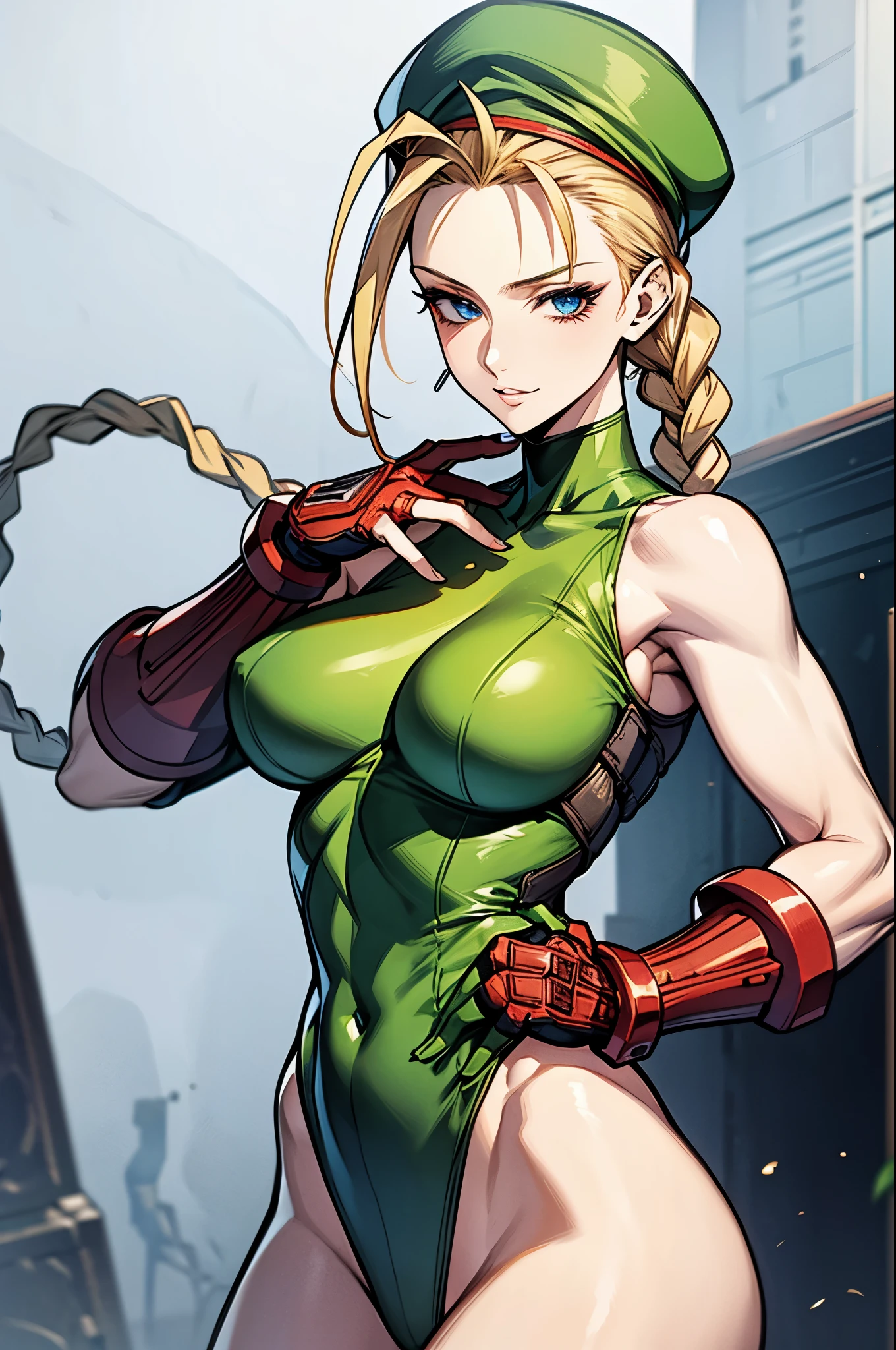 (masterpiece), best quality, expressive eyes, perfect face, highres, (mature:1.5), adult, 1girl, solo, cammy white, twin braids, long hair, blonde hair, antenna hair, (red headwear:1.3), blue eyes, scar on cheek, large breasts, green leotard, sleeveless, red gloves, fingerless gloves, camouflage, hands to hips, slight smiles, fantastic, magical background, standing, portrait, looking at the viewer,