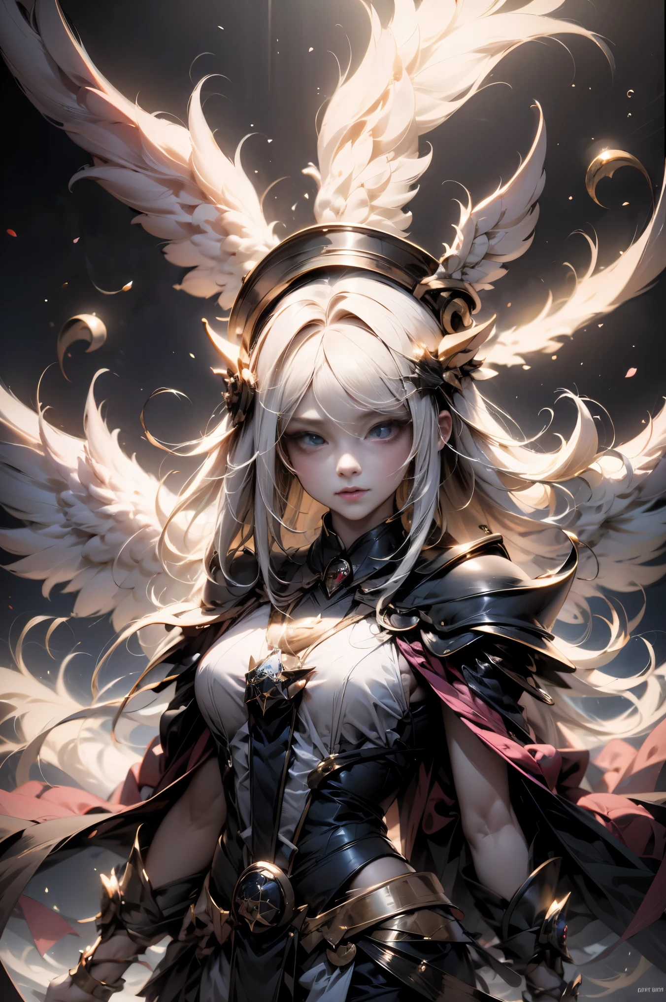 Giles magos oscuros. magos oscuros. ojos azules. cabello rubio. labios rojos. detailed features.., cosmic colors, ethereal lighting, Pintura surrealista, high resolution, Otherworldly atmosphere, Seres celestiales. Hermosa diosa
