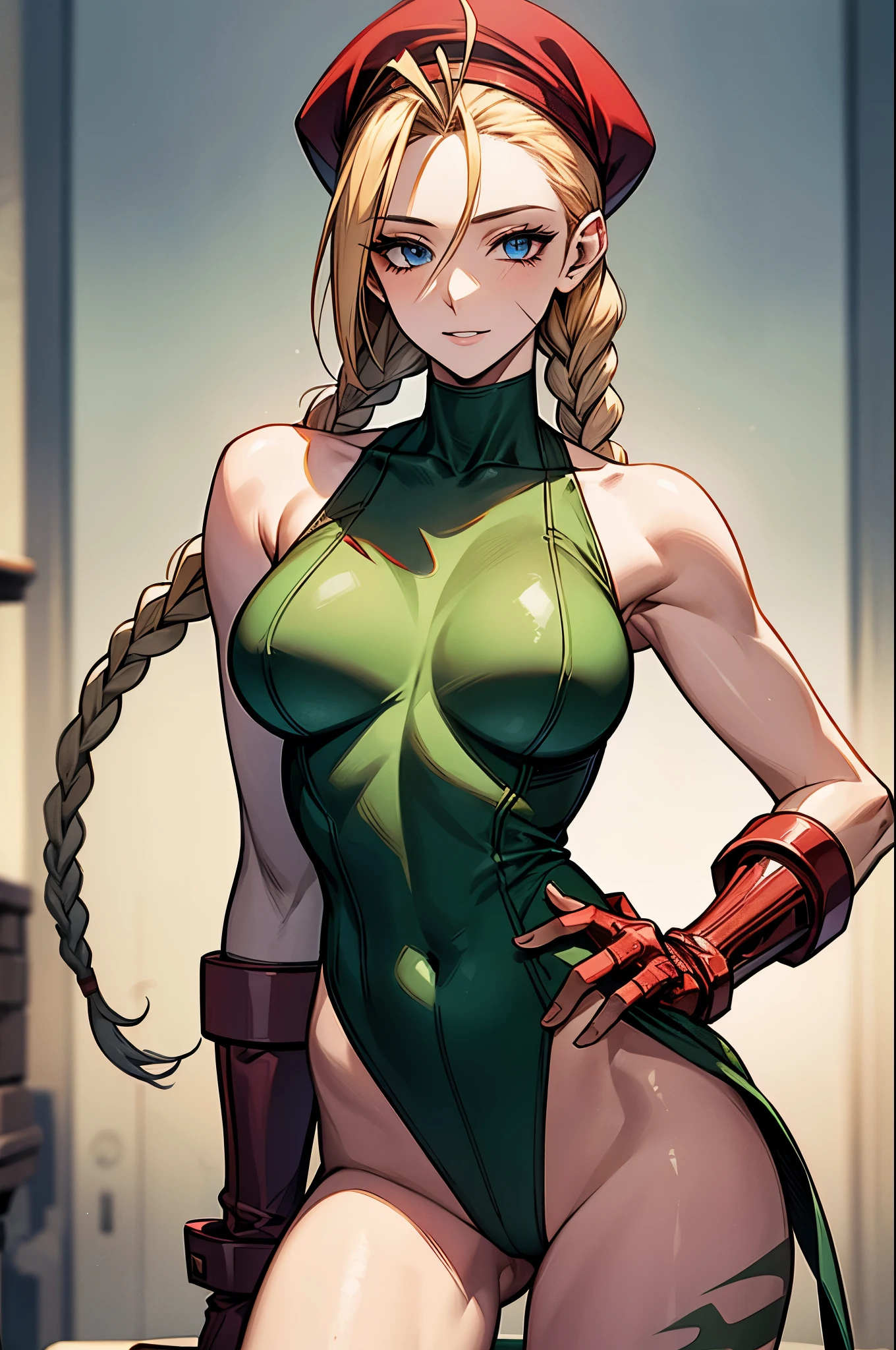 (masterpiece), best quality, expressive eyes, perfect face, highres, (mature:1.5), adult, 1girl, solo, cammy white, twin braids, long hair, blonde hair, antenna hair, (red headwear:1.3), blue eyes, scar on cheek, large breasts, green leotard, sleeveless, red gloves, fingerless gloves, camouflage, hands to hips, slight smiles, fantastic, magical background, standing, portrait, looking at the viewer,