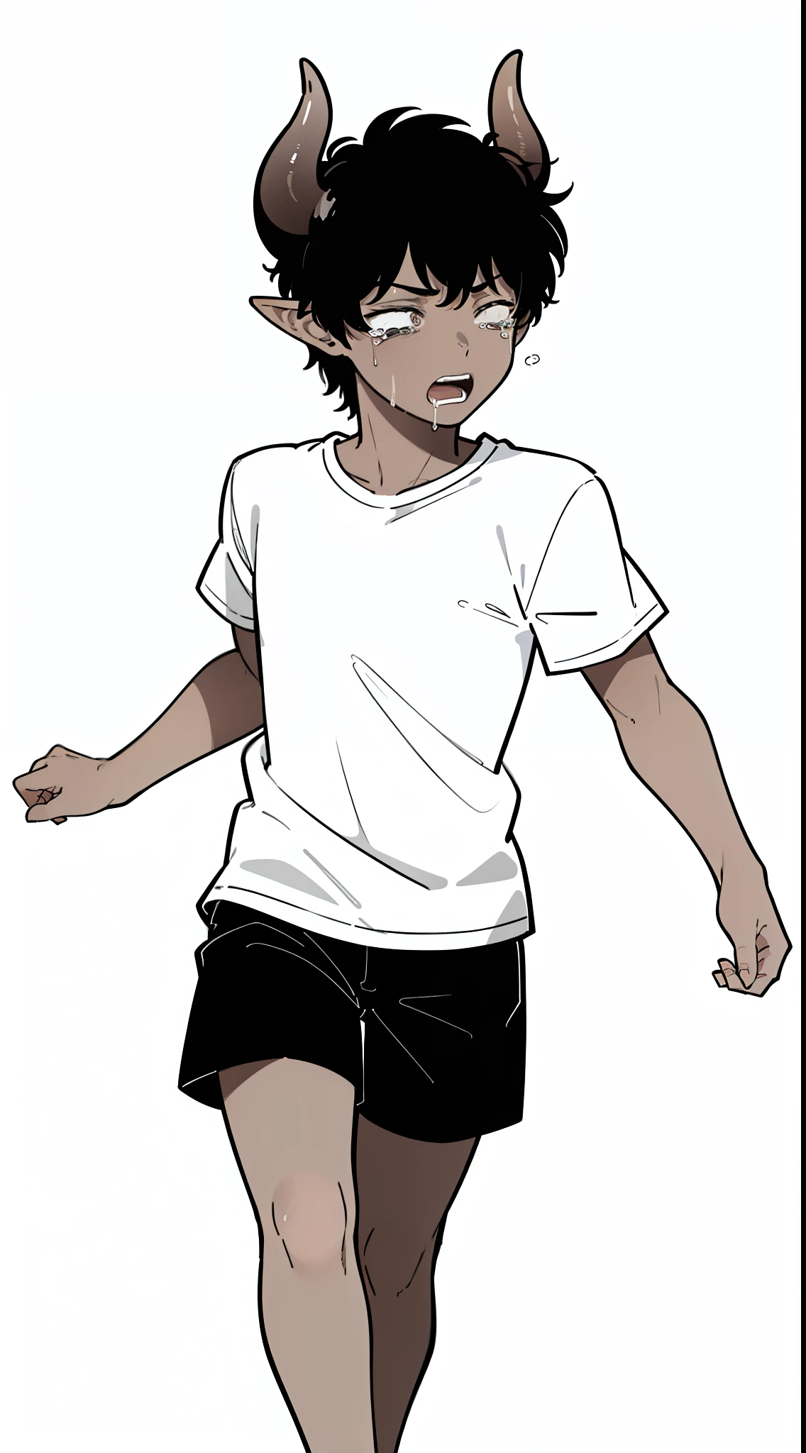 1boy,10 years,solo,scared,closed eyes,crying,((dark skin)),((white shirt,short sleeves,black shorts)),Short hair,black hair,elf ears,(horns),(white background,line drawing),cowboy shot,running,full body,open mouth