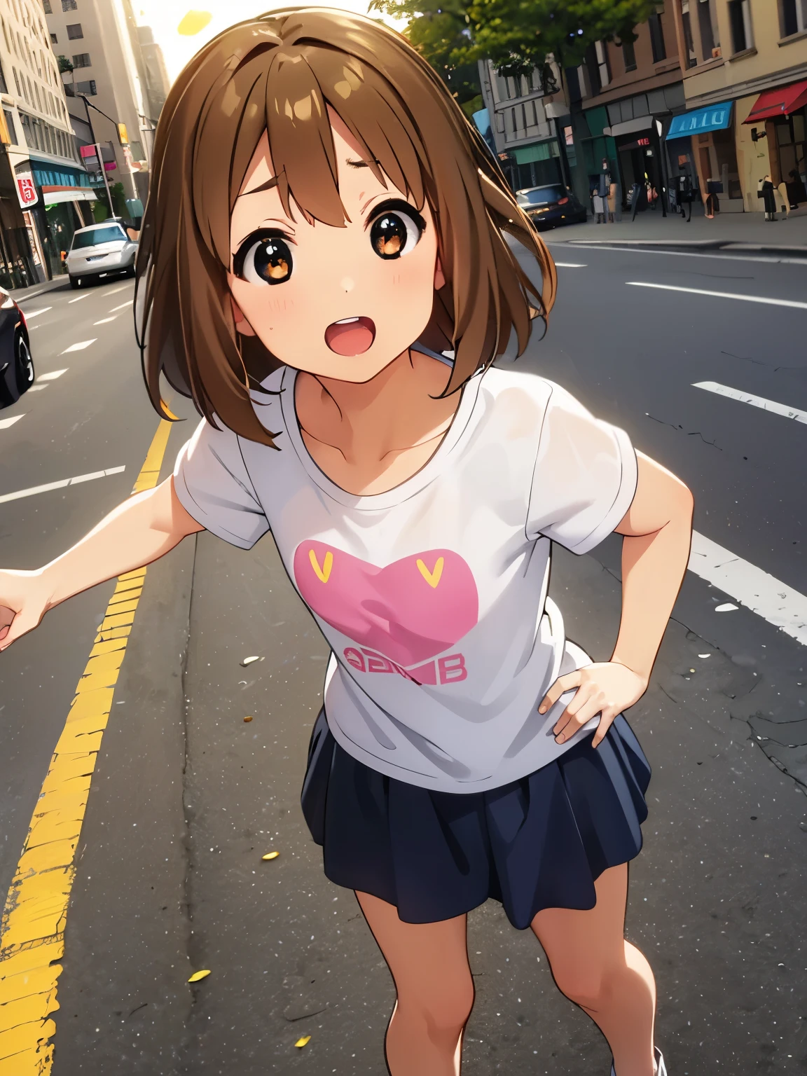 1girl, (((​masterpiece))), top-quality, top-quality, High Details, Hirasawa Yui, 1girl, two yellow hairpin, short hair, A brown-haired, brown-eyed, 独奏, Beach clothes, underwear, bikini, full body, full image, illustratio, comic strip, soothing tones, Subdued Color, Soft cinematic light, adobe lightroom, photolab, HDR, intricately and hyper-detailed、(((depth of fields))))。(((​masterpiece)))。(((top-quality))).)((ultra-detailliert)))。(((illustratio)))。(((takeout))).dynamic focus.big breasts.(((street city))).(((A city scape))).(((Face of happiness))). open mouth.(((put hands on the hip))).(((up chest))).((afternoon glow)).((the setting sun)).