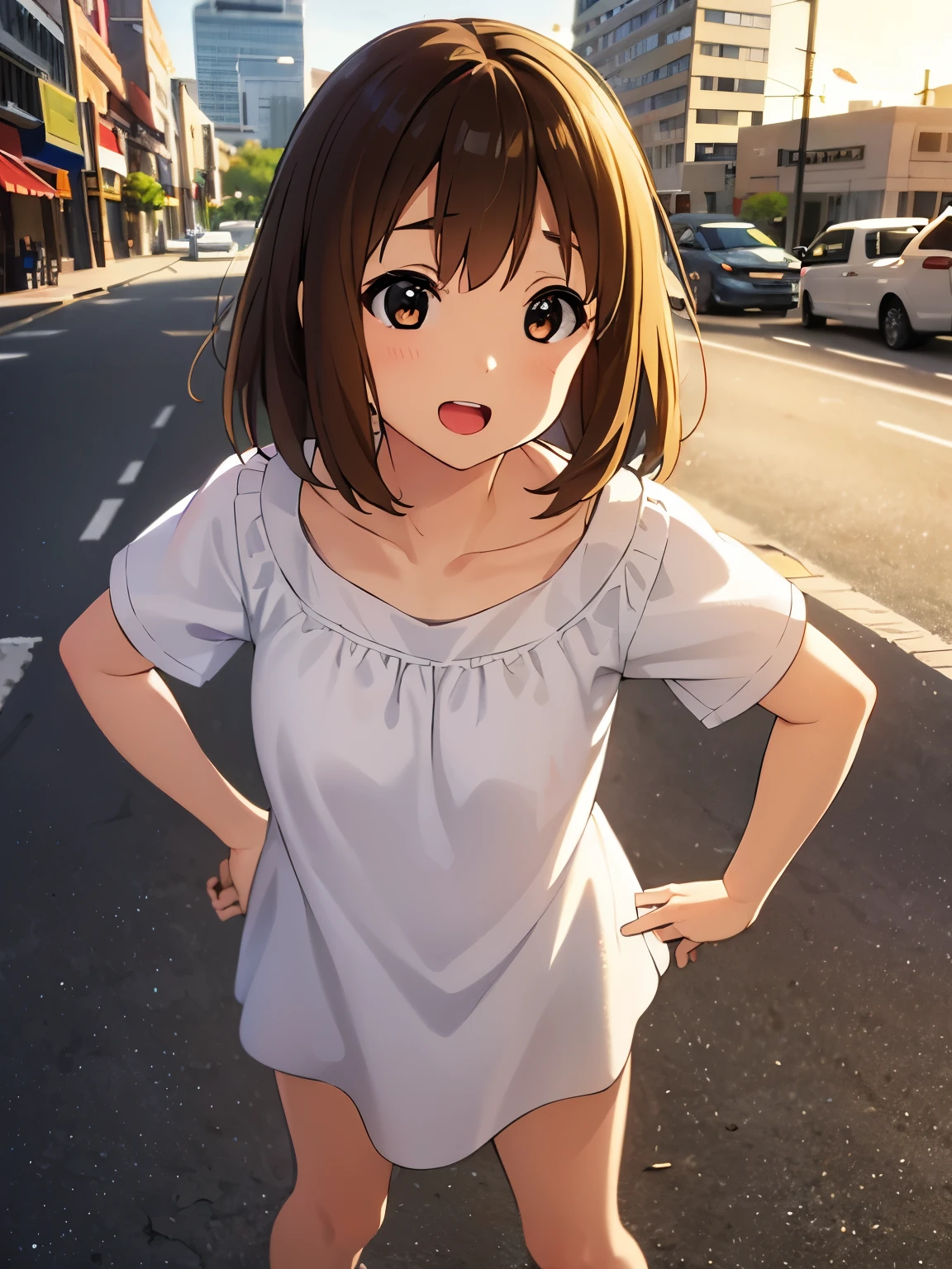 1girl, (((​masterpiece))), top-quality, top-quality, High Details, Hirasawa Yui, 1girl, two yellow hairpin, short hair, A brown-haired, brown-eyed, 独奏, Beach clothes, underwear, bikini, full body, full image, rainy weather, illustratio, comic strip, soothing tones, Subdued Color, Soft cinematic light, adobe lightroom, photolab, HDR, intricately and hyper-detailed、(((depth of fields))))。(((​masterpiece)))。(((top-quality))).)((ultra-detailliert)))。(((illustratio)))。(((takeout))).dynamic focus.big breasts.(((Skyscrapers))).(((A city scape))).(((Face of happiness))). open mouth.(((put hands on the hip))).(((up chest))).((afternoon glow)).((the setting sun)).