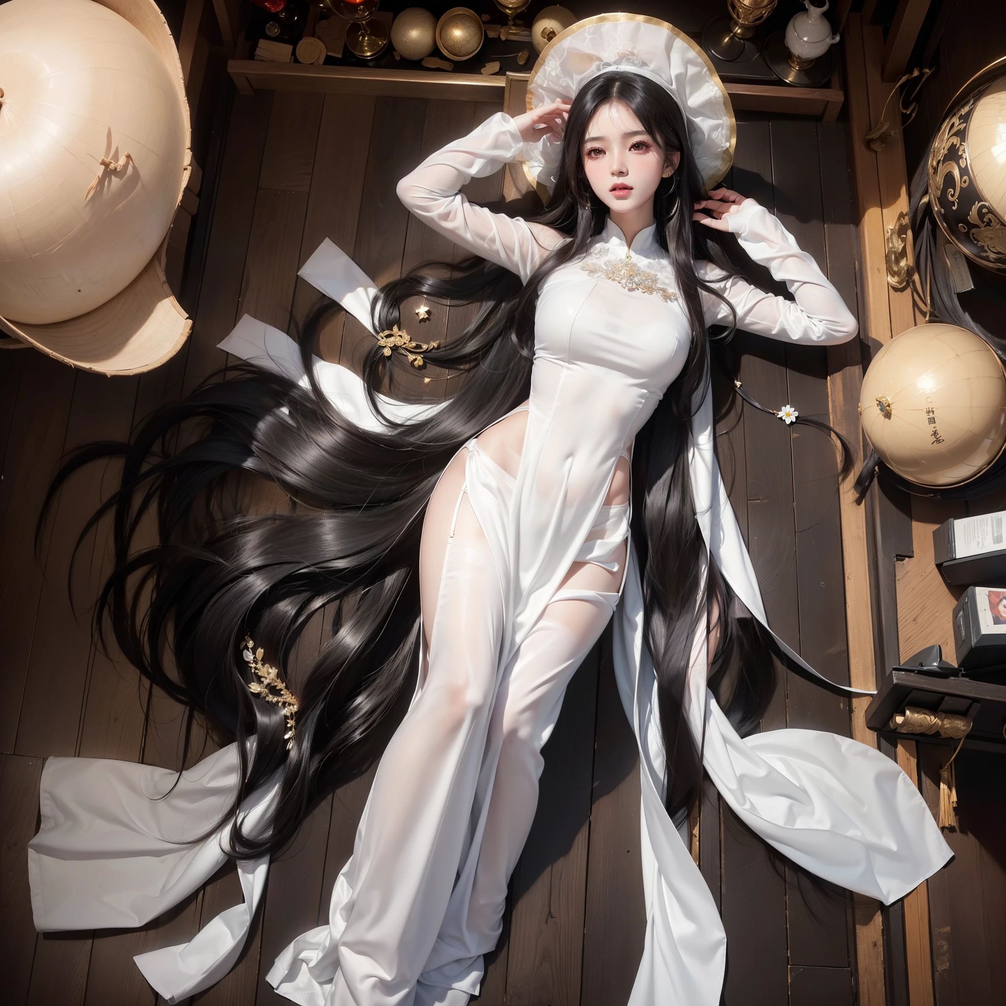 (best image quality、highest quality、highest resolution、Ultra-realistic photography、full body photo、masterpiece、16k、)1girl。Super beautiful。Straight black hair。super ultra long hair。hair length is about 10 meters。Bedroom。White underwear or naked。I have a lot of hair。very, very long hair。