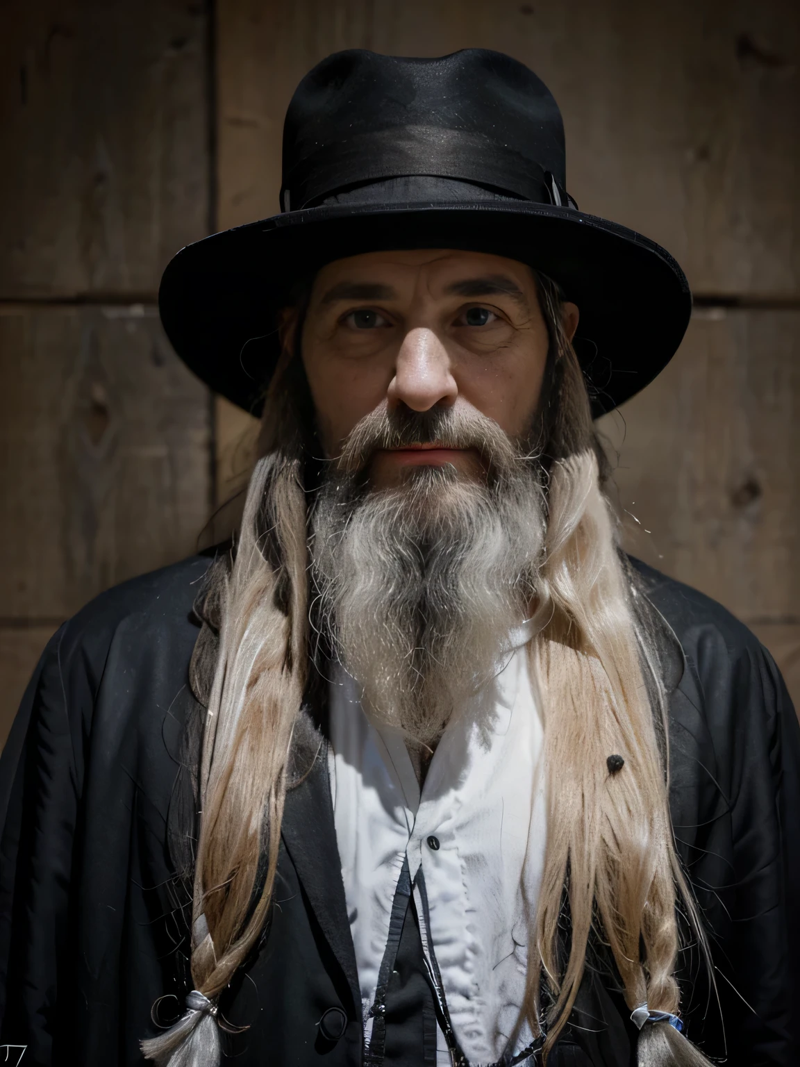 photo d'un rabbin orthodoxe, avec une longue barbe blanche, un chapeau noir, un costume noir, qui a environ 70 ans, un petit regard et des rides