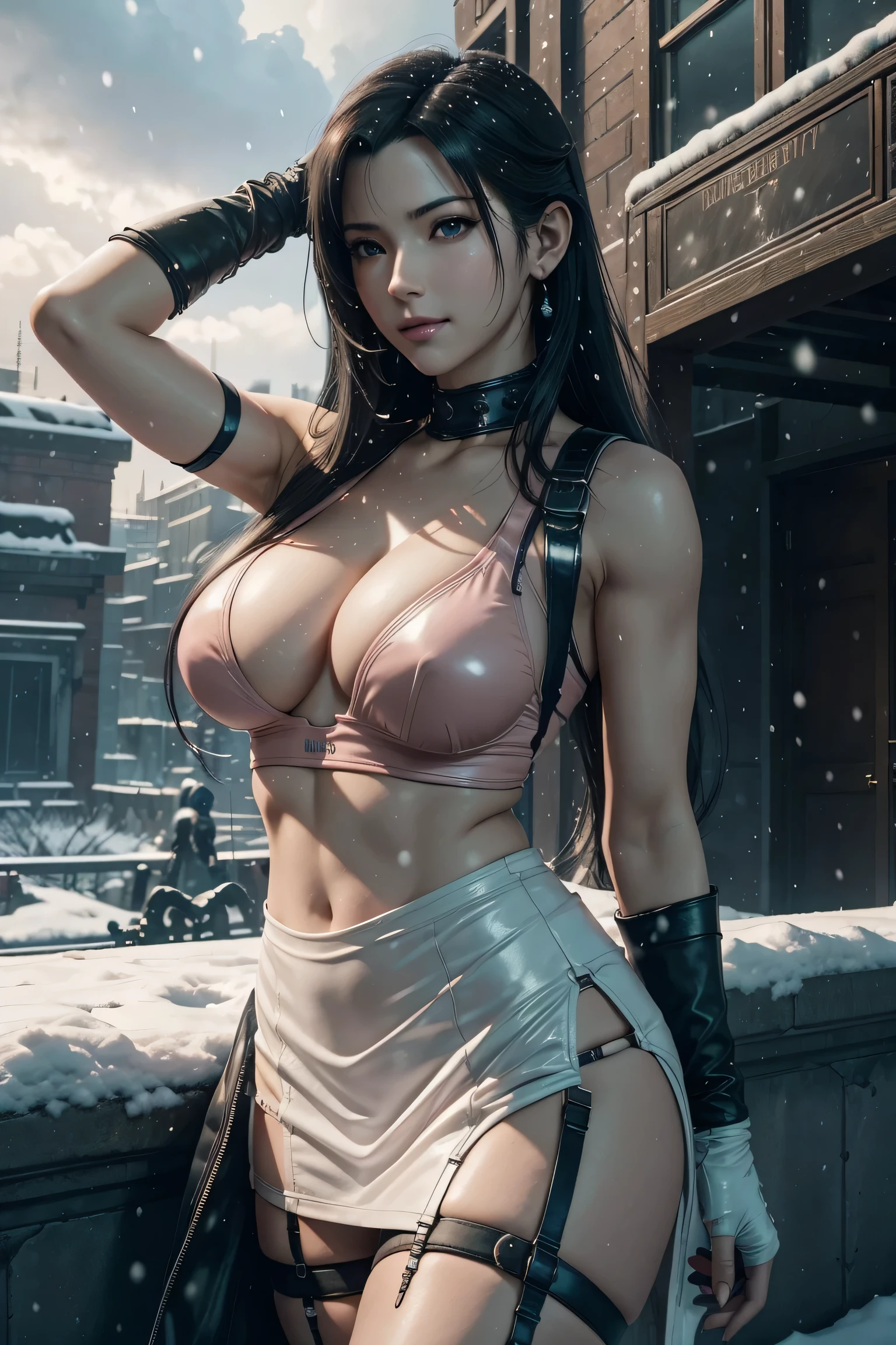 the best thing,Tifa,Tifa・lock heart,final fantasy 7,FF7,Tifaのコスチューム,white tank top,black leather skirt,Red leather gloves,garter belt,realistic,Super high quality,high quality,masterpiece,digital single lens reflex,Detailed details,exquisite details,based on anatomical basis,depicted in detail,detailed face,realistic skin texture,vivid details,perfect anatomy,perfect anatomy,anatomically correct hand,anatomically correct fingers,Super detailed,Complex 3D rendering,Huge ,sexy pose,Put it in a nice photo frame and display it,美しいfinal fantasy 7の世界観,Cyberpunk worldview,Beautiful cloudy sky,fantastic cloudy sky,mysterious snow scene,that'It's snowing,beauty like a painting,Take a full body photo,nine heads and bodies,pink lip,emphasize the beautiful whole body,beautiful nails,black bondage,High leg thong,lazy smile,