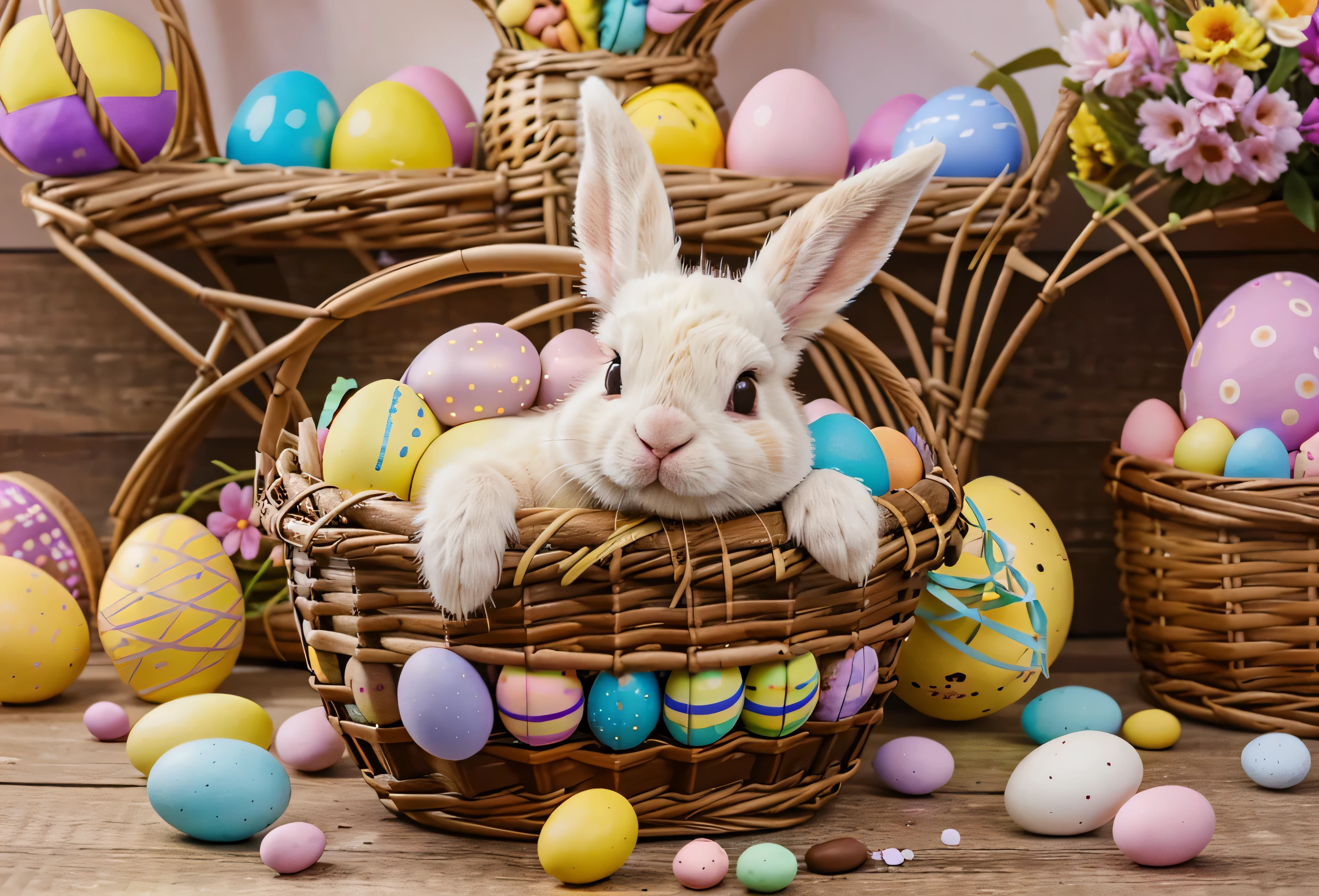 Páscoa, coelho, Páscoa bunny holding straw basket with Páscoa eggs, decorated Páscoa eggs, chocolate Páscoa eggs, fotografia, 8k, colorida, detalhe, painting Páscoa eggs