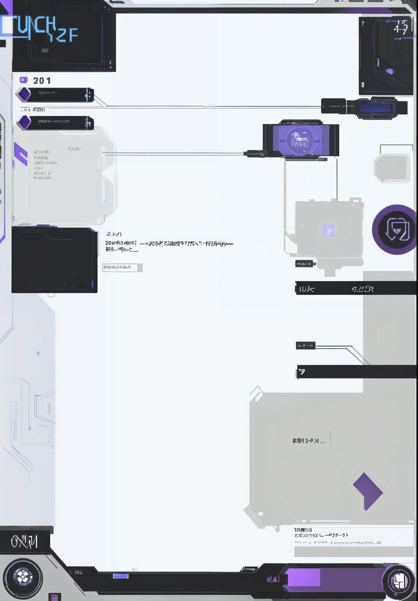 a close up of a character concept page with a bunch of different designs, sci fi, cyberpunk design, purple blue lights, abstract concept, mostly greyscale, angular background elements, form exploration, game overlay, background is white and blank, 2013, game interface, 2 0 1 4, 2014, 2012, 2 0 1 2, pc game with ui
