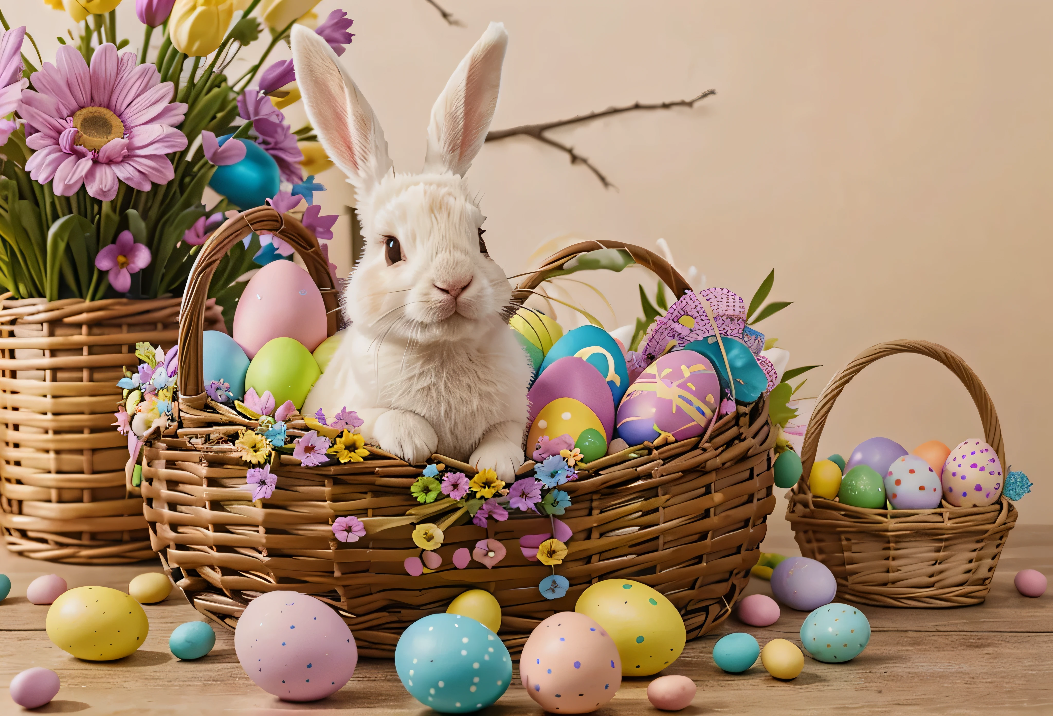 Páscoa, coelho, Páscoa bunny holding straw basket with Páscoa eggs, decorated Páscoa eggs, chocolate Páscoa eggs, fotografia, 8k, colorida, detalhe, painting Páscoa eggs, photorealistic detalheing