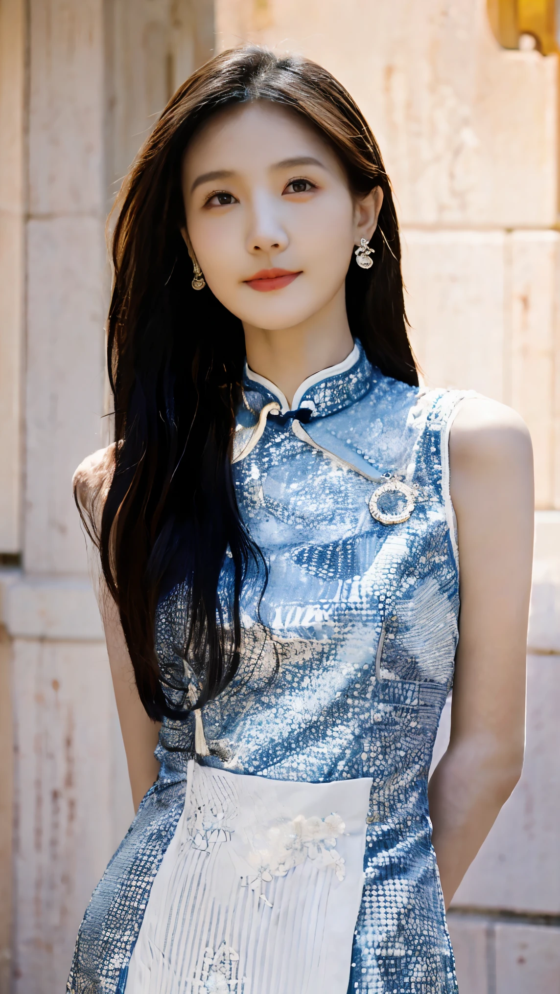 sweet smile、night、original photography、(((ultimate beauty portrait)))、((sparkling skin))、1 girl、 15 year old beautiful girl、bright expression、((dark brown hair))、(cleavage)、(Sexy ultra-thin close-fitting cheongsam:1.5)、Naked ketone bodies，Transparent tulle，((Big eyes sparkling like gems))、Glowing and radiant skin、(Goddess of Rapunzel)、(silk headband)、(standing)、(from below)、Eyeliner、beautiful bangs、hair between eyes、((​Masterpiece、top quality、Super detailed、Warm colors、intricate details、high resolution、Very detailed))、background for this、digital SLR、soft light、high quality、film grain、富士XT3 、shallow view deep、natural soft light、Kamimei、plump bust，Big breasts，Protruding breasts