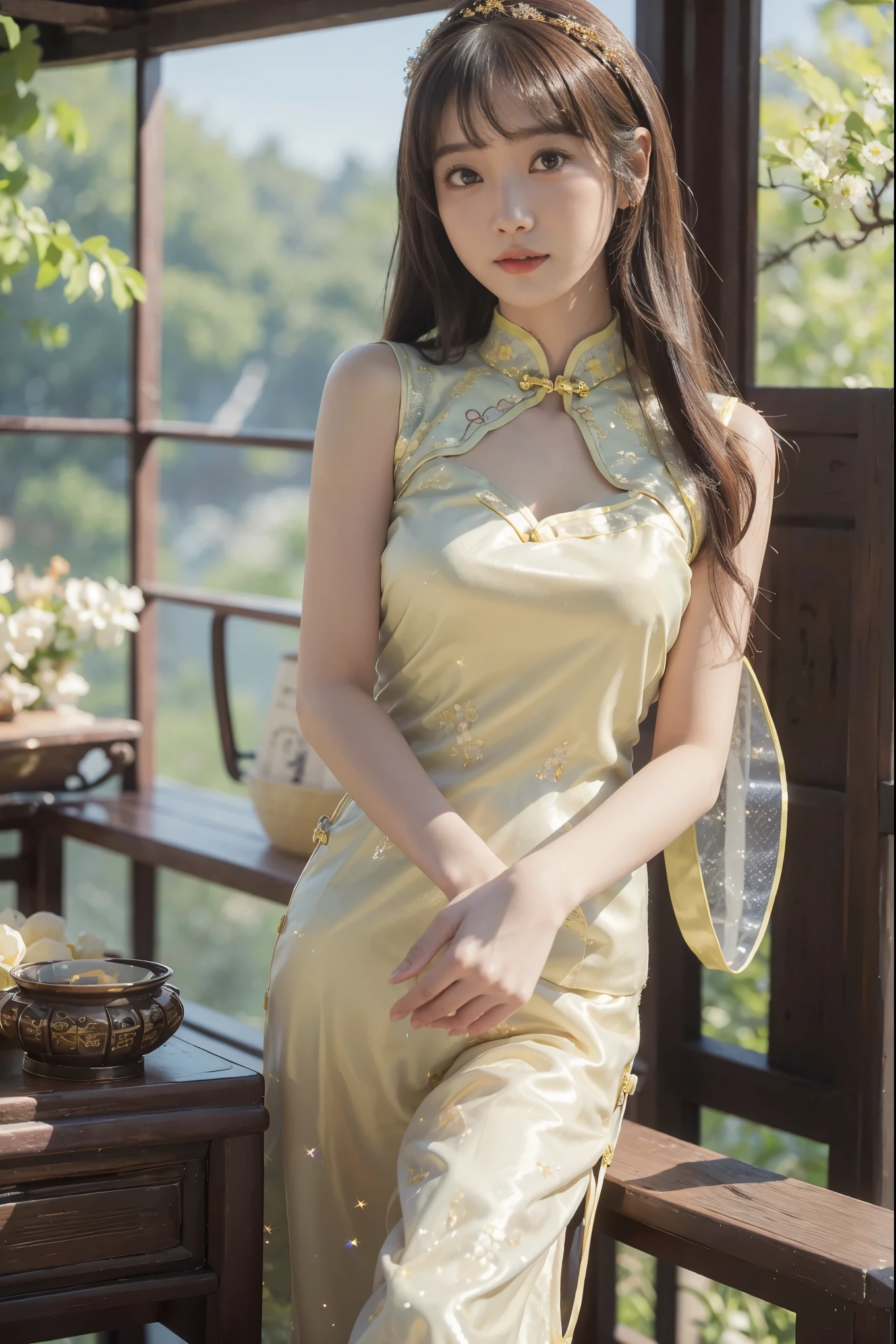 sweet smile、night、original photography、(((ultimate beauty portrait)))、((sparkling skin))、1 girl、 15 year old beautiful girl、bright expression、((dark brown hair))、(cleavage)、(Baiqu underwear cheongsam:1.5)、Naked ketone bodies,Transparent tulle,((Big eyes sparkling like gems))、Glowing and radiant skin、(Goddess of Rapunzel)、(silk headband)、(standing)、(from below)、Eyeliner、beautiful bangs、hair between eyes、((Masterpiece、top quality、Super detailed、Warm colors、intricate details、high resolution、Very detailed))、background for this、digital SLR、soft light、high quality、film grain、富士XT3 、shallow view deep、natural soft light、Kamimei、plump bust,Big breasts,Protruding breasts