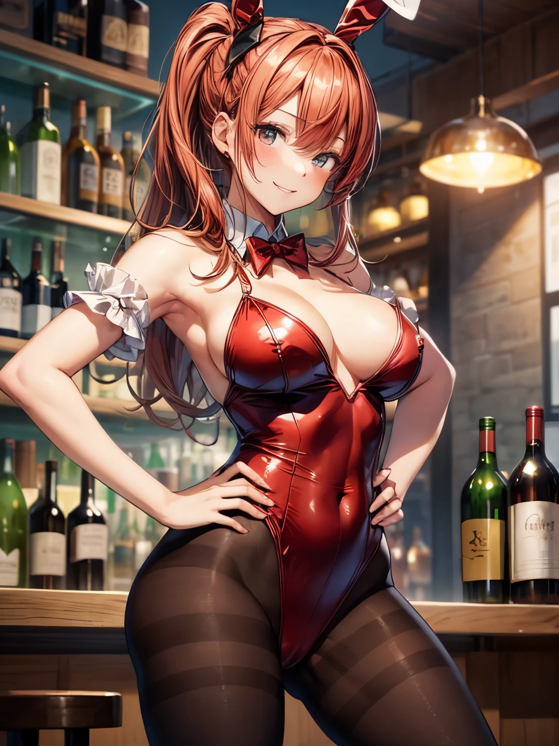 highest quality、complete limbs、full finger、a beautiful human woman、(red hair woman:1.3)、medium hair woman、ponytail、big breasted woman、bare hands、bunny girl costume、(Woman in red bunny girl leotard:1.3)、(woman wearing brown pantyhose:1.3)、Red bow tie、Red Bunny Girl Katyusha、stylish bar、Wine is lined up on the liquor shelf、bar counter、big smile、hands on hips