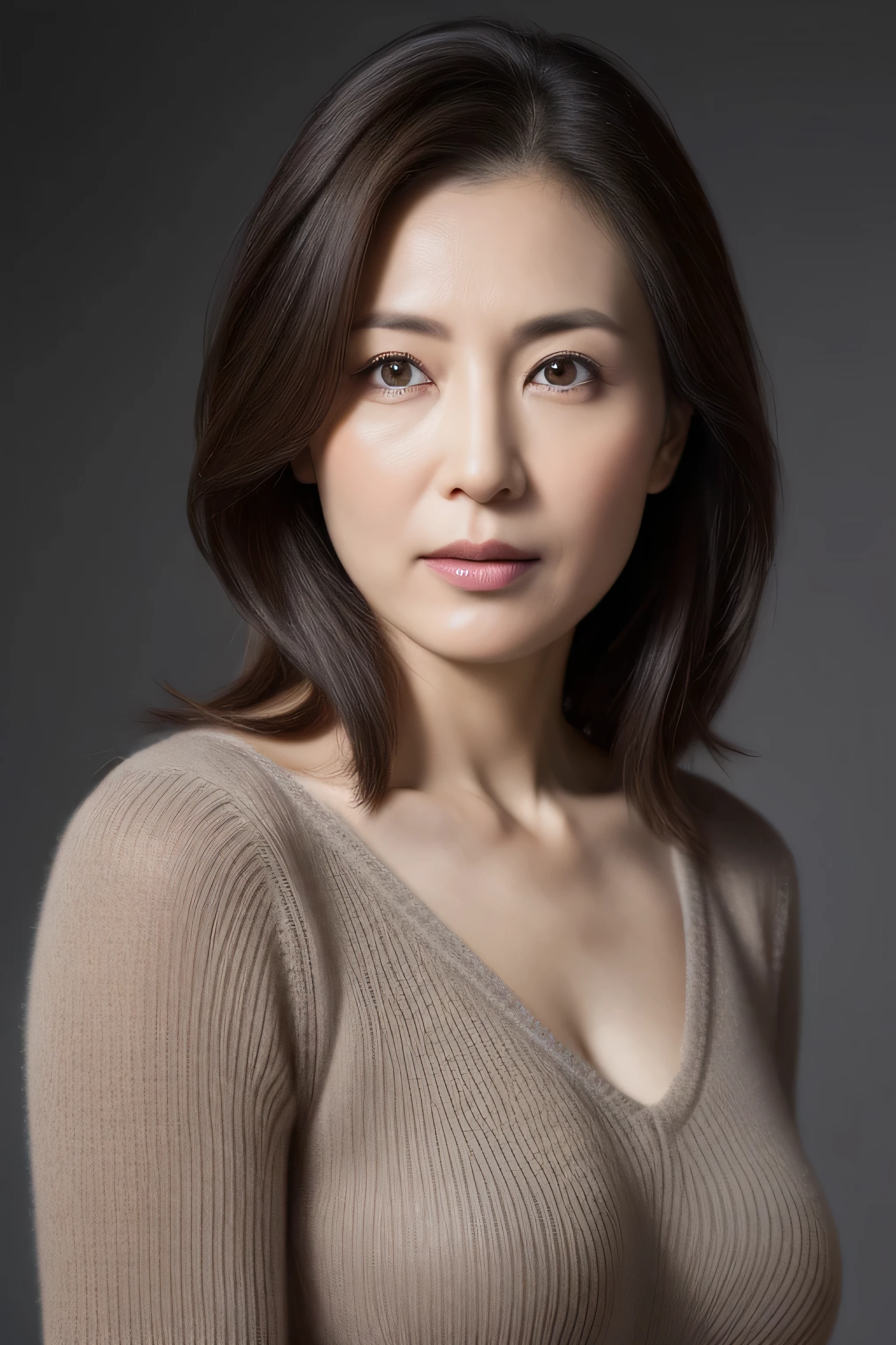 ultra high resolution, masterpiece, rough skin, very detailed, Photoreal, professional lighting, Depth of written boundary, sharp, (gray background), (Front view:1.2),(japanese mature, 38 year old woman is sexy), detailed face, beautiful eyes, bangs, good shape big breasts, light brown straight hair, faint lips, (Catch Eye:1.3),((stand in front、look at the audience, serious face eyes,)), sweater, theta, full body photo, cowboy shot,