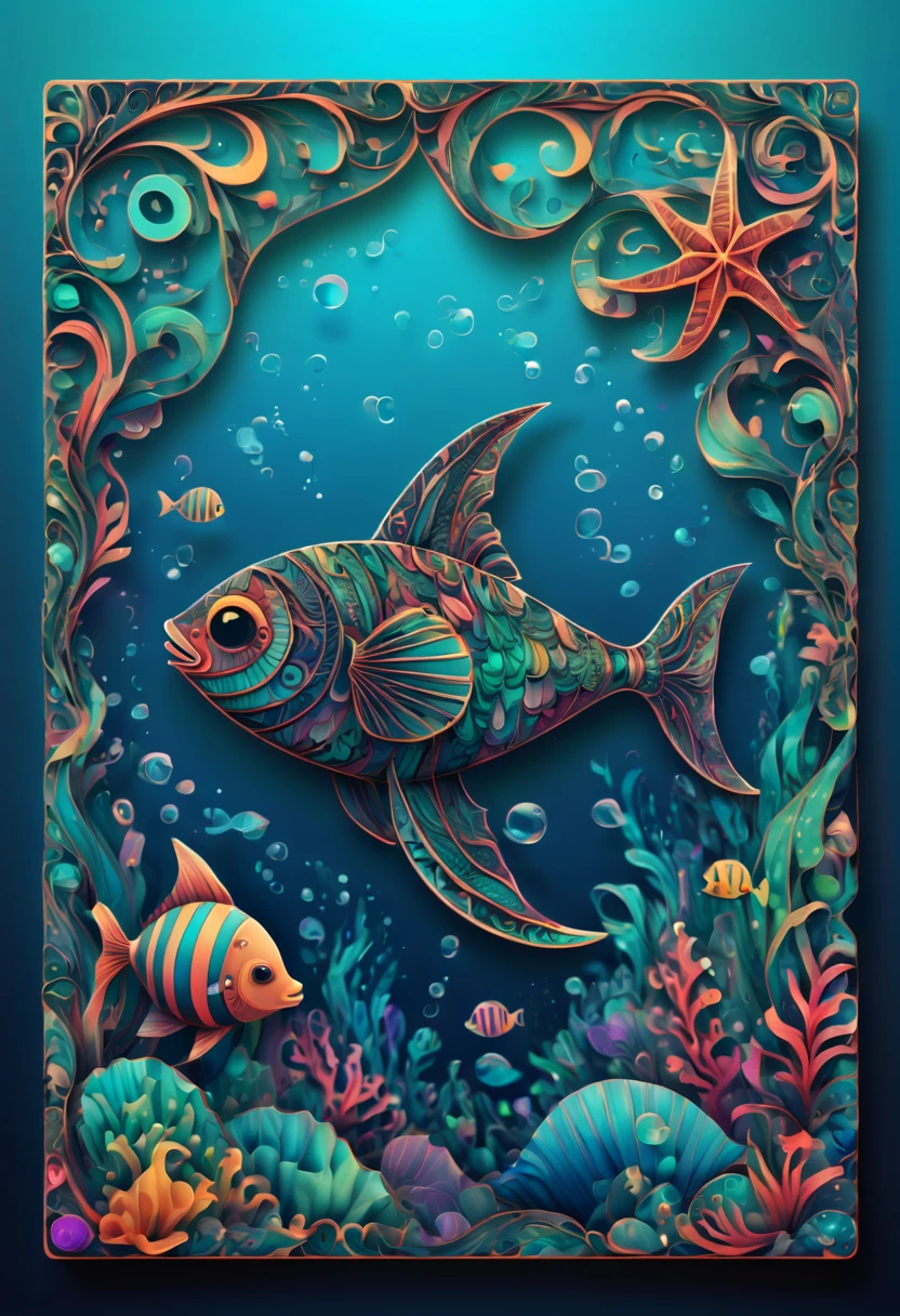 (best quality,ultra-detailed,realistic:1.37), text that says "magical lora", in the ocean, zentangle, full colored, 3d crunch,