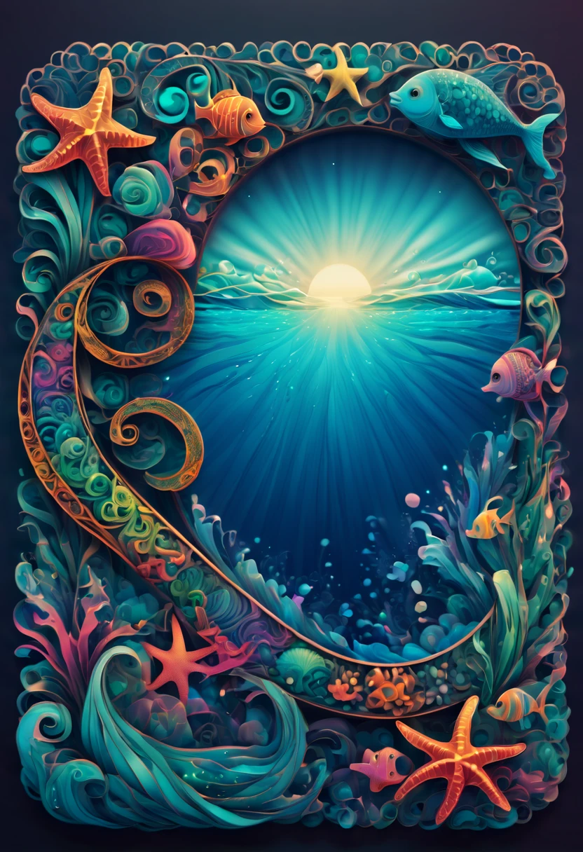 (best quality,ultra-detailed,realistic:1.37), text that says "magical lora", in the ocean, zentangle, full colored, 3d crunch,