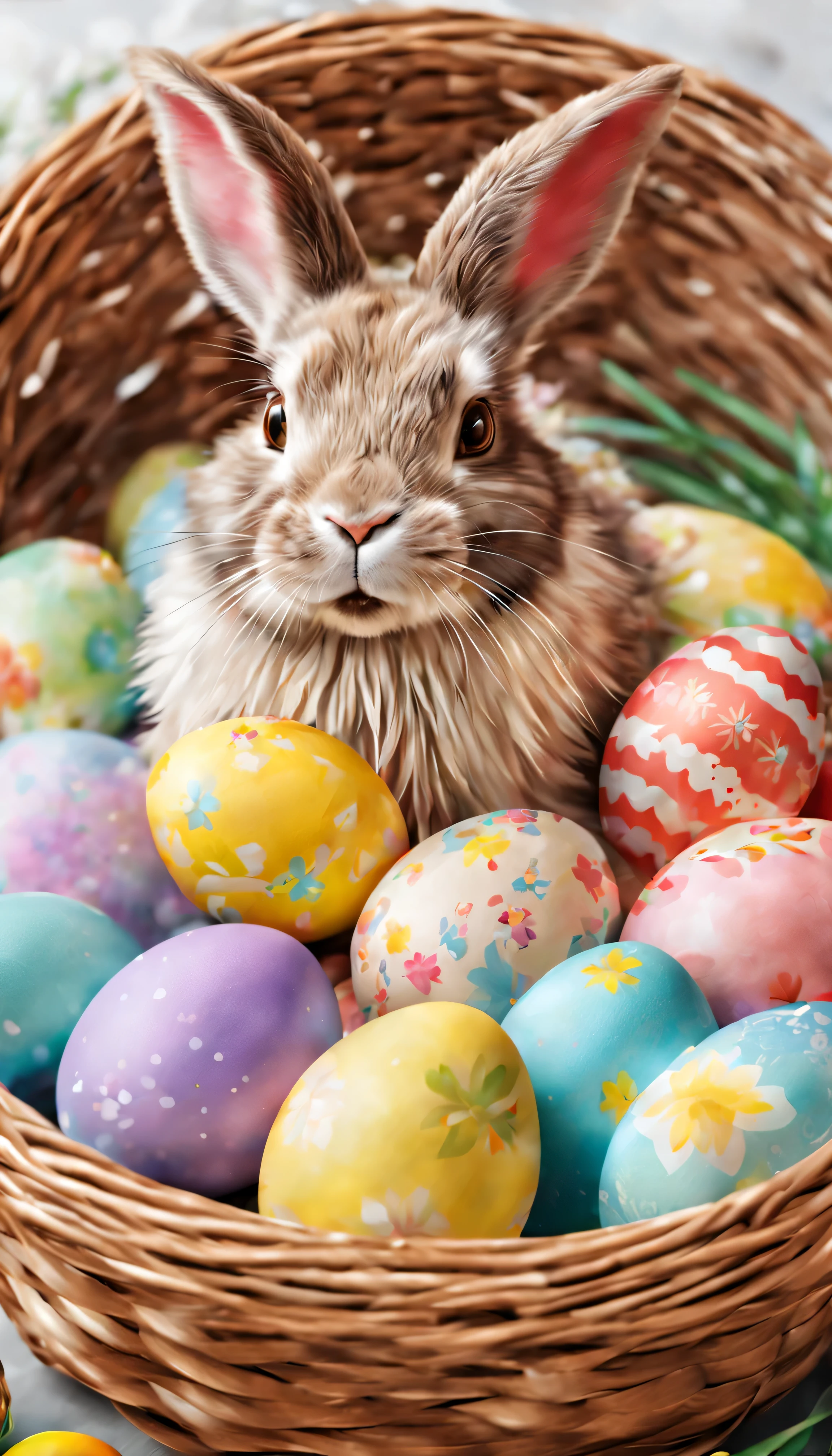 happy easter, feriado, easter, easter bunny, easter eggs, easter eggs inside straw basket, decorated easter eggs, chocolate easter eggs, illustration, 8k, colorida, detalhe, paintingphotorealistic detalheing