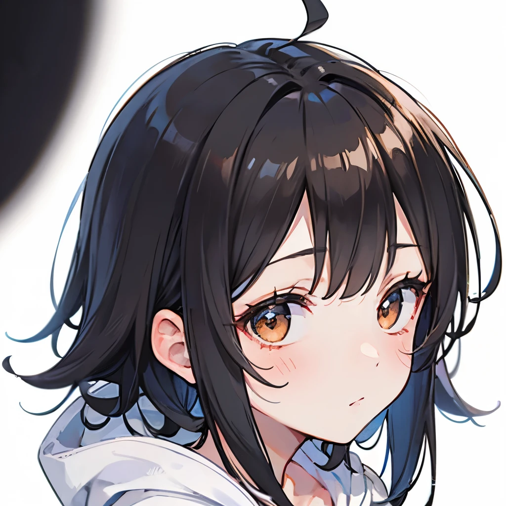 A girly girl, pretty face, face close up, black hair, brown eyes, messy hair, hoodie, white background, face focus, shy