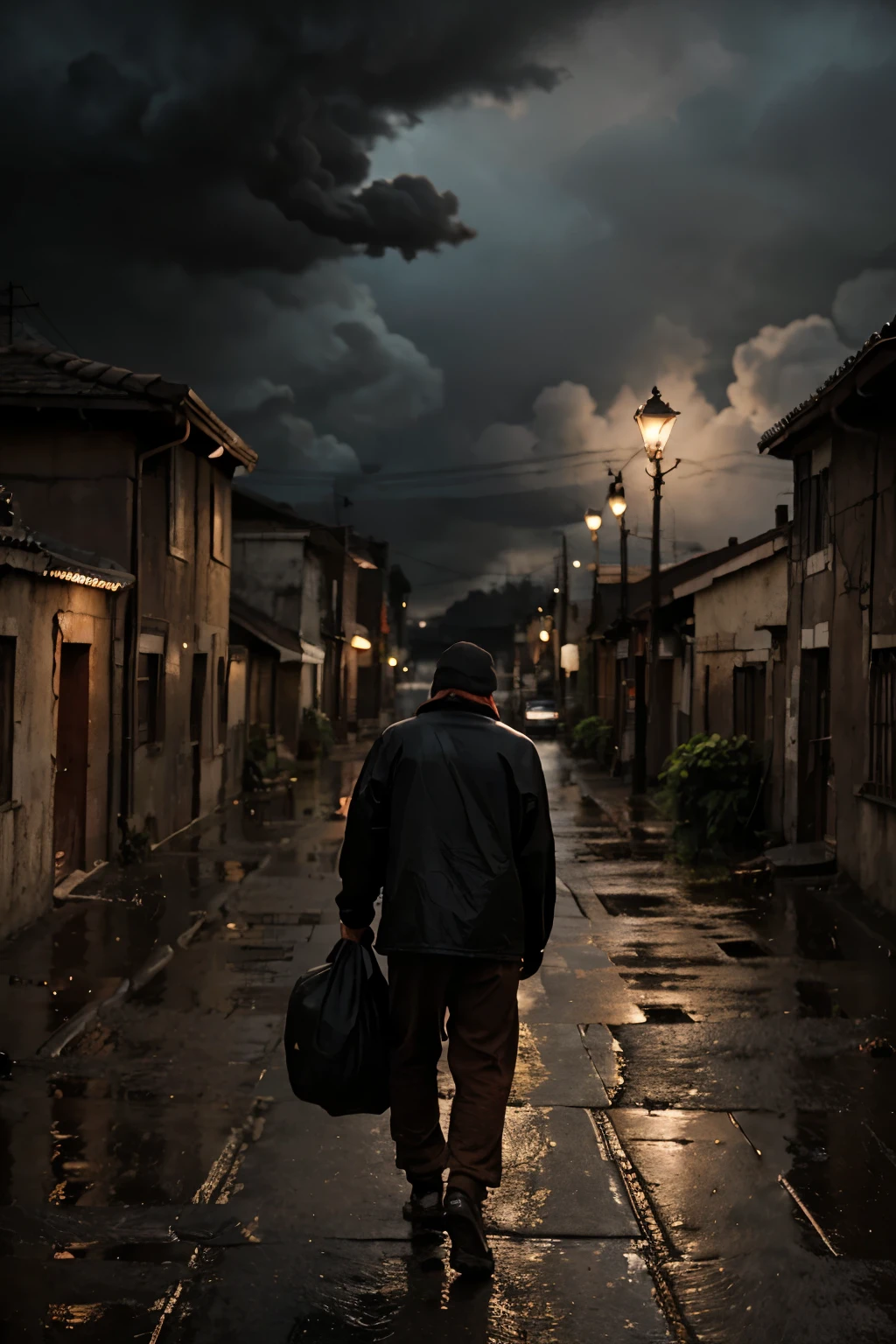 Weak man in old clothes carrying a large heavy bag with his hands on his back walking on a dirt street with a backdrop of old and poor houses. dark atmosphere black and red clouds, lots of rain. 8k ultra realistic image
